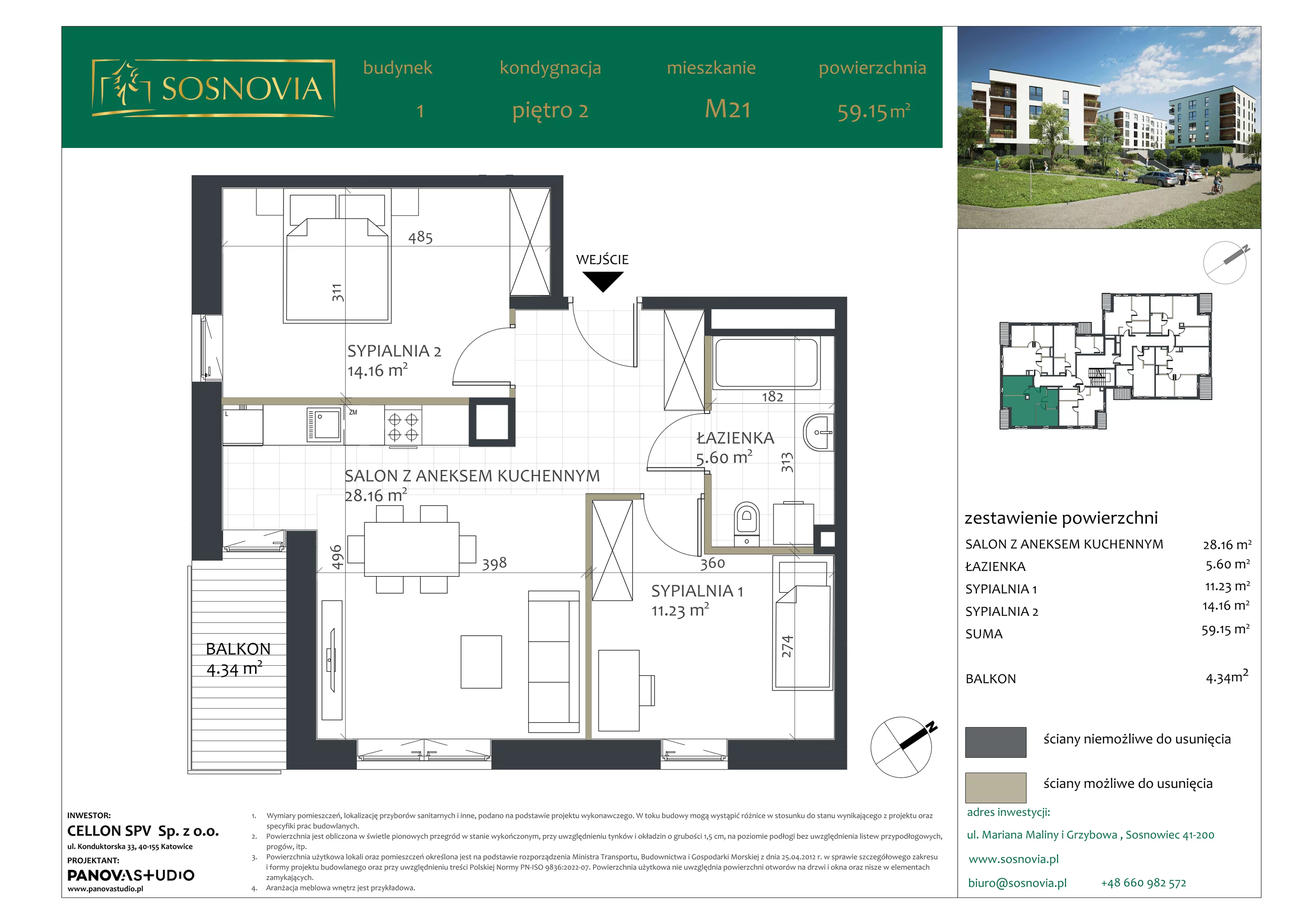 3 pokoje, mieszkanie 59,15 m², piętro 2, oferta nr B1.M21, Sosnovia, Sosnowiec, Dańdówka, ul. Mariana Maliny/Grzybowa