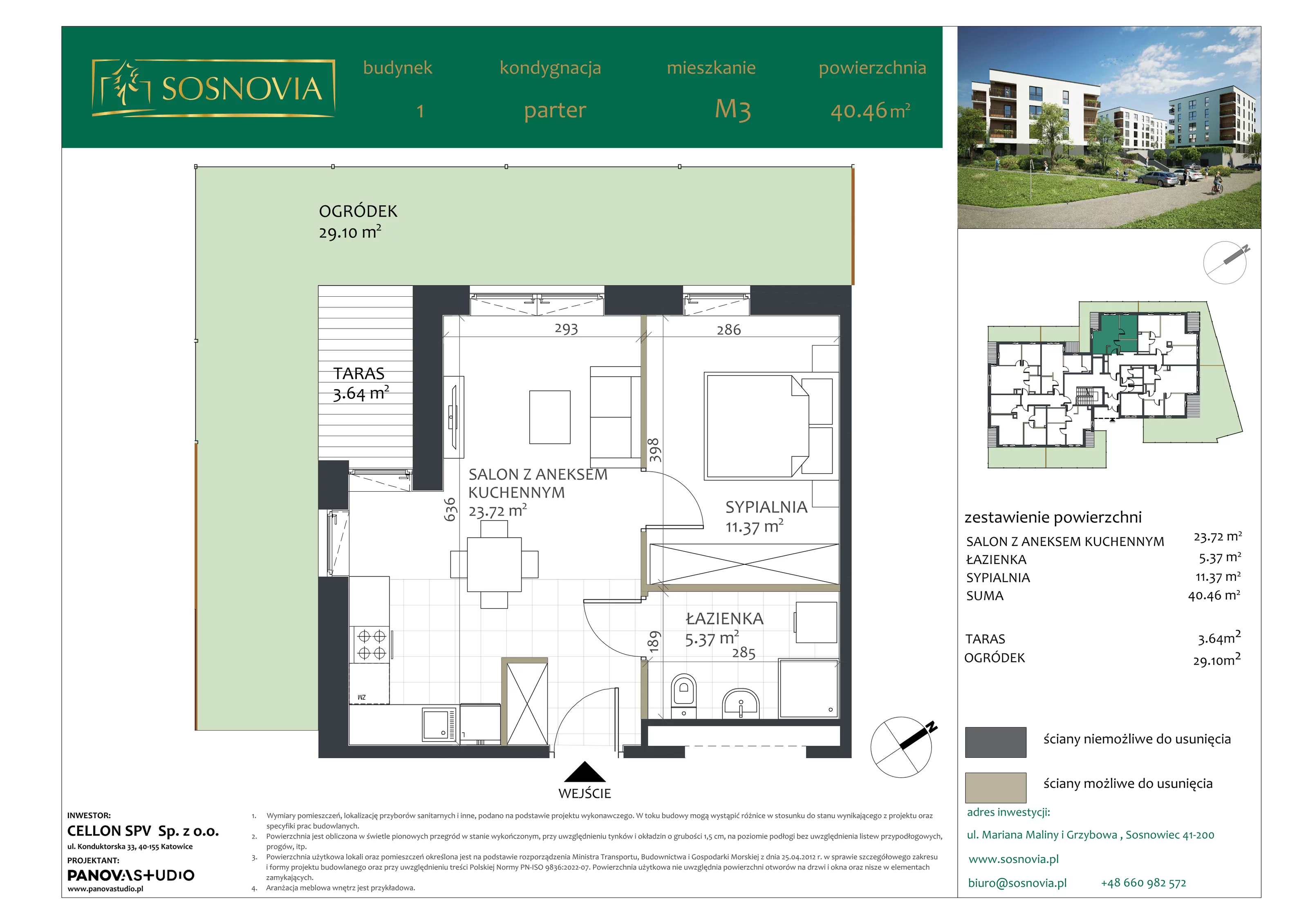 2 pokoje, mieszkanie 40,46 m², parter, oferta nr B1.M3, Sosnovia, Sosnowiec, Dańdówka, ul. Mariana Maliny/Grzybowa