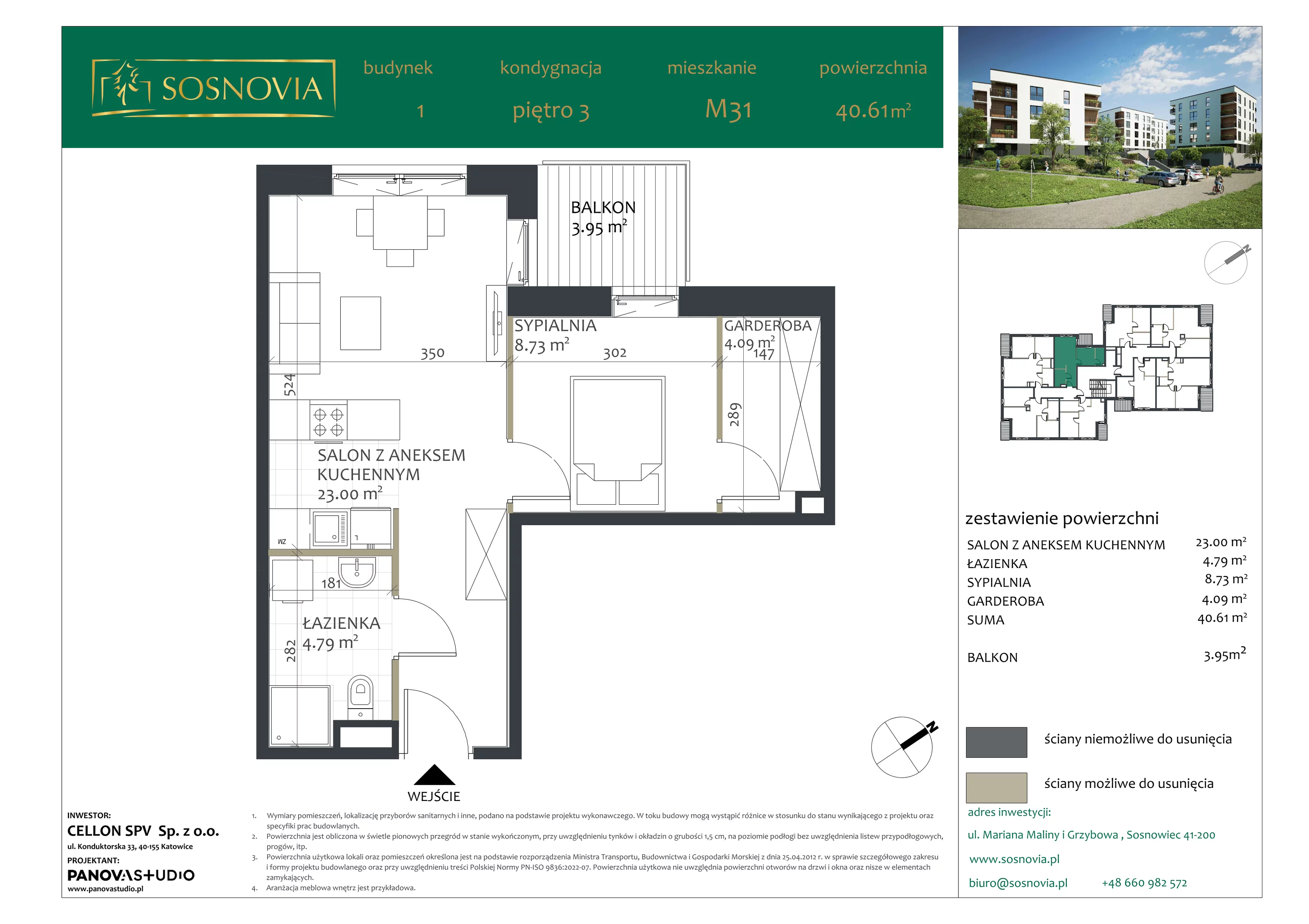 2 pokoje, mieszkanie 40,61 m², piętro 3, oferta nr B1.M31, Sosnovia, Sosnowiec, Dańdówka, ul. Mariana Maliny/Grzybowa