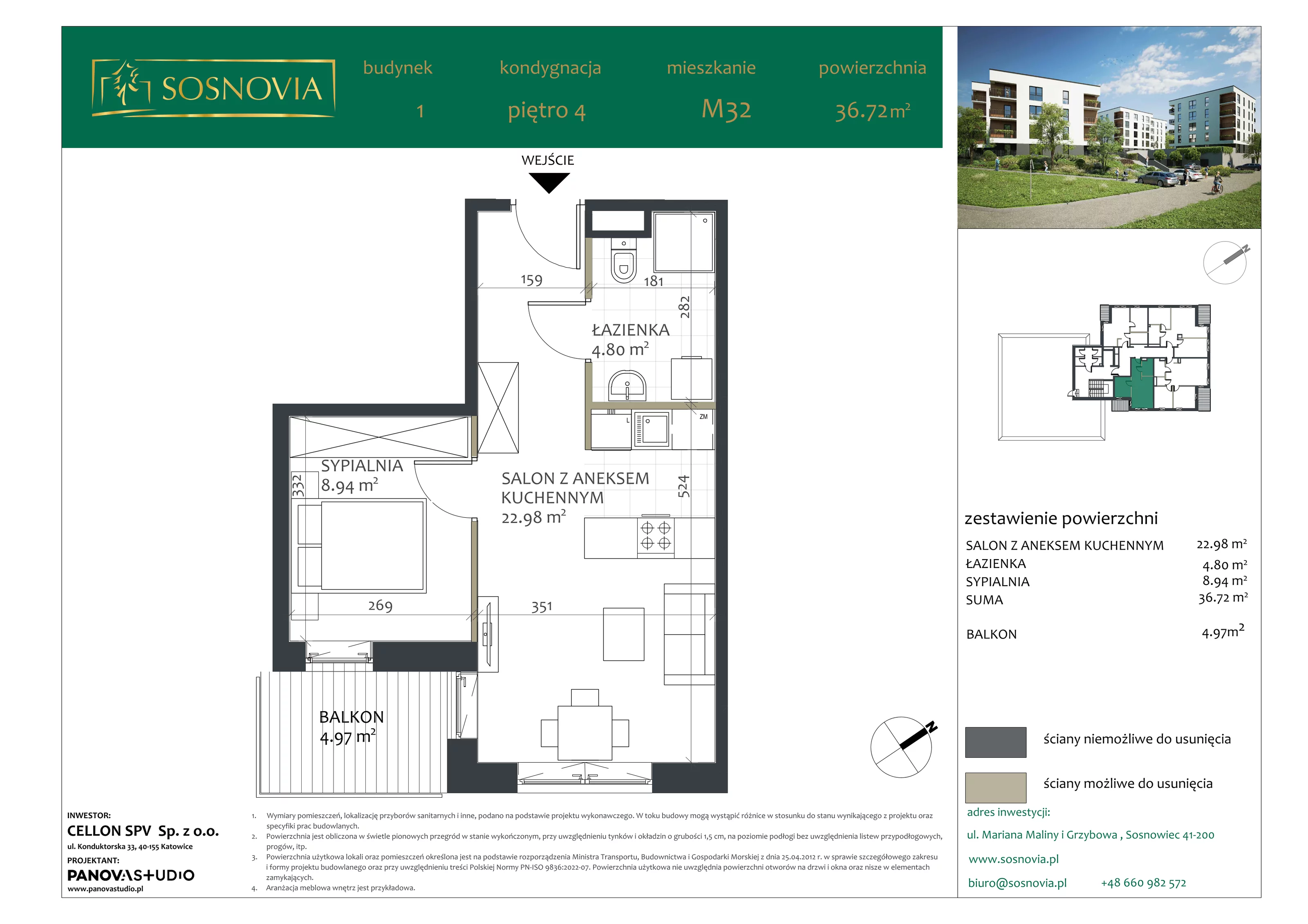 2 pokoje, mieszkanie 36,72 m², piętro 4, oferta nr B1.M32, Sosnovia, Sosnowiec, Dańdówka, ul. Mariana Maliny/Grzybowa