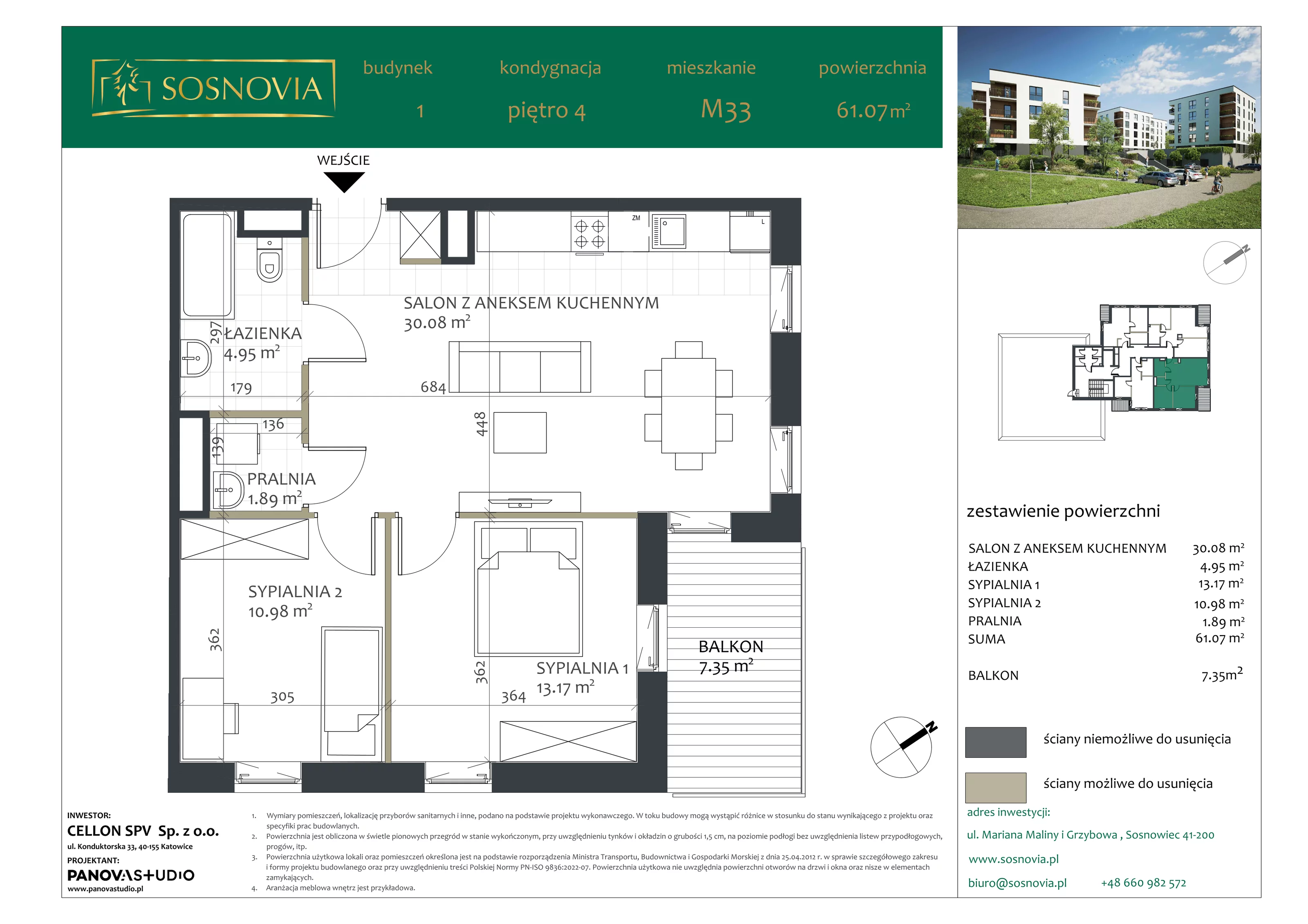 3 pokoje, mieszkanie 61,07 m², piętro 4, oferta nr B1.M33, Sosnovia, Sosnowiec, Dańdówka, ul. Mariana Maliny/Grzybowa