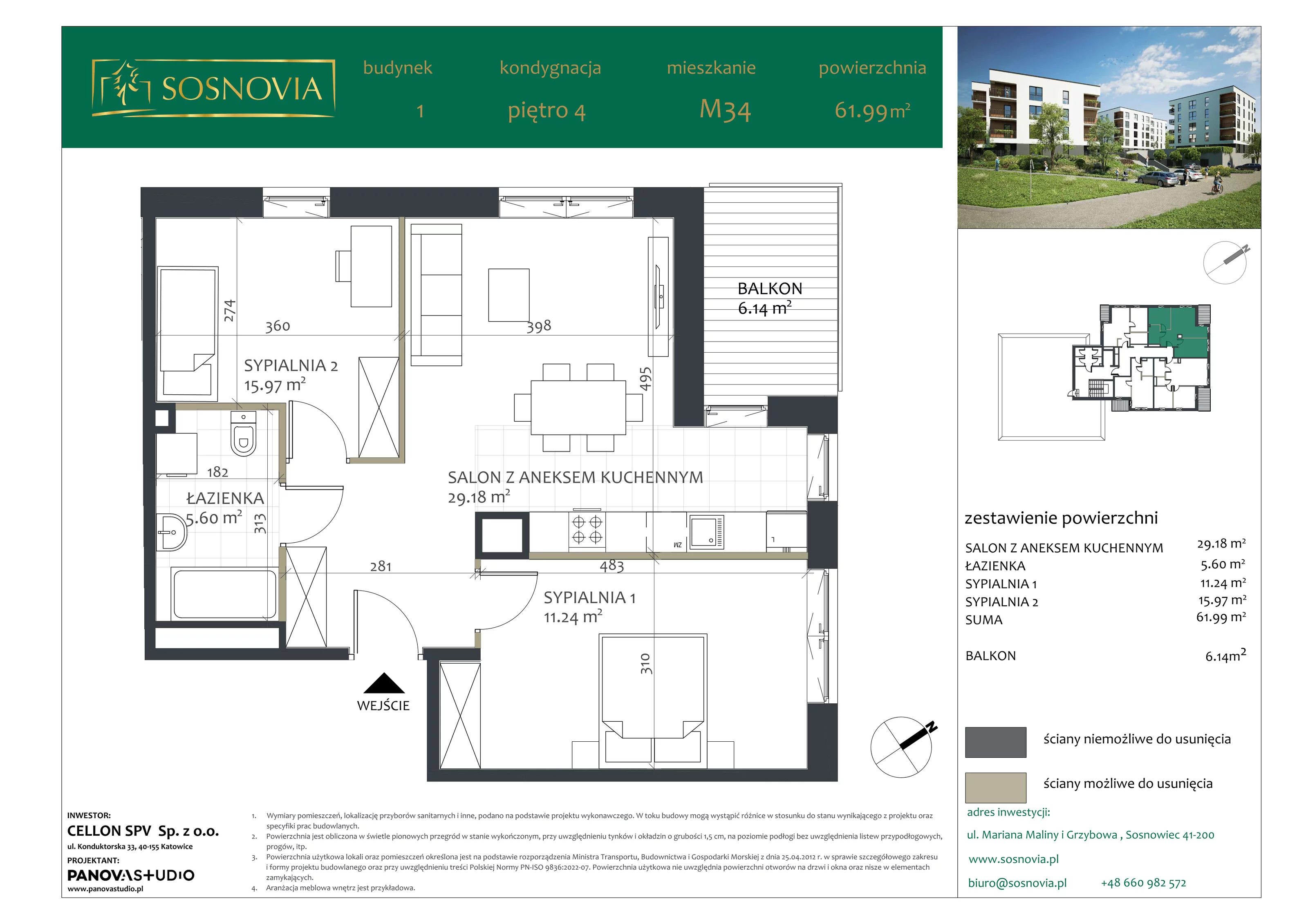3 pokoje, mieszkanie 61,99 m², piętro 4, oferta nr B1.M34, Sosnovia, Sosnowiec, Dańdówka, ul. Mariana Maliny/Grzybowa