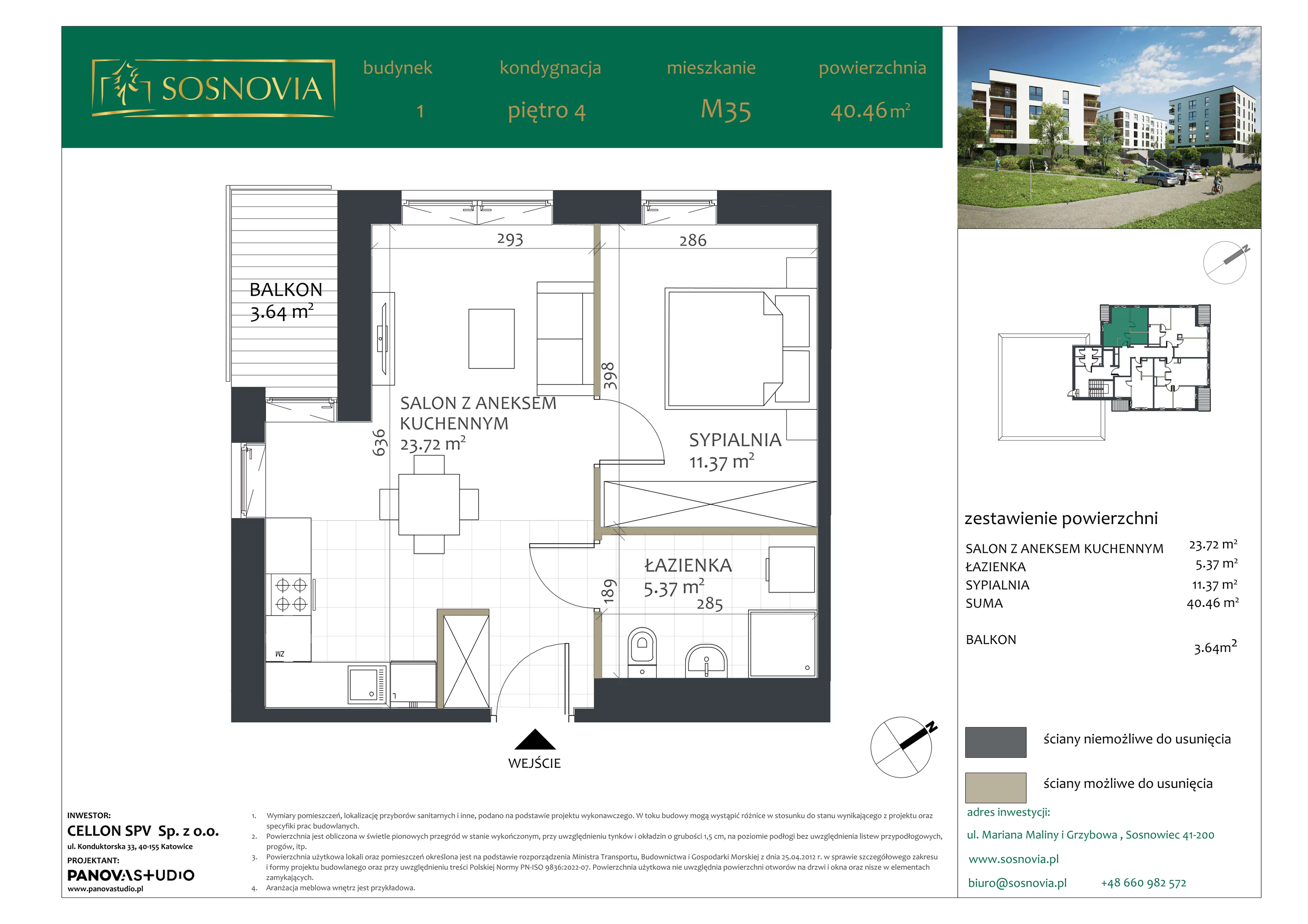 2 pokoje, mieszkanie 40,46 m², piętro 4, oferta nr B1.M35, Sosnovia, Sosnowiec, Dańdówka, ul. Mariana Maliny/Grzybowa
