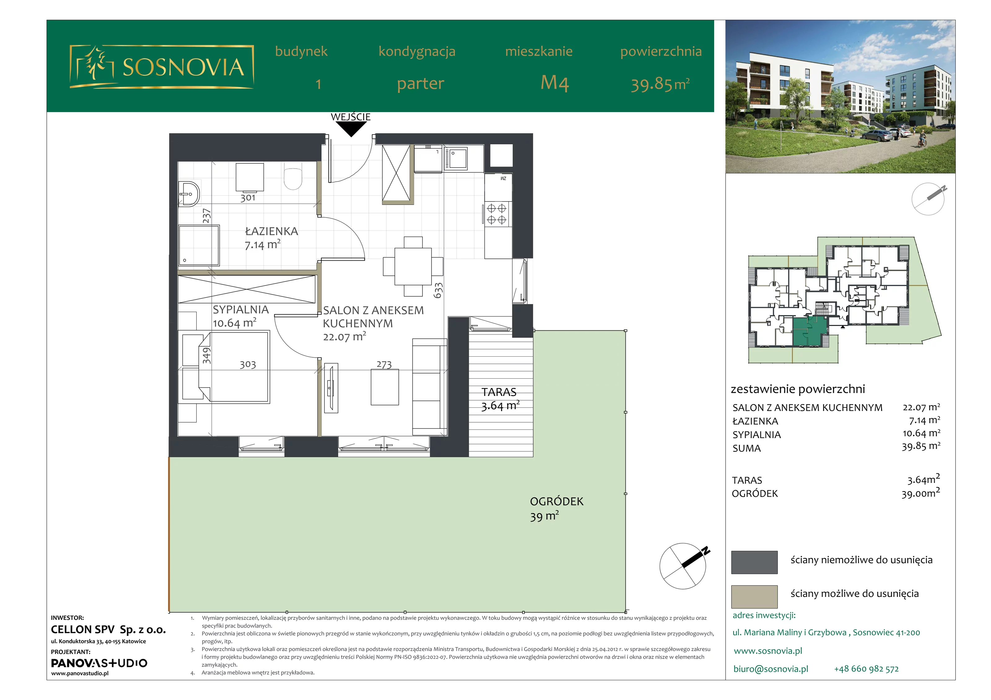 2 pokoje, mieszkanie 39,85 m², parter, oferta nr B1.M4, Sosnovia, Sosnowiec, Dańdówka, ul. Mariana Maliny/Grzybowa