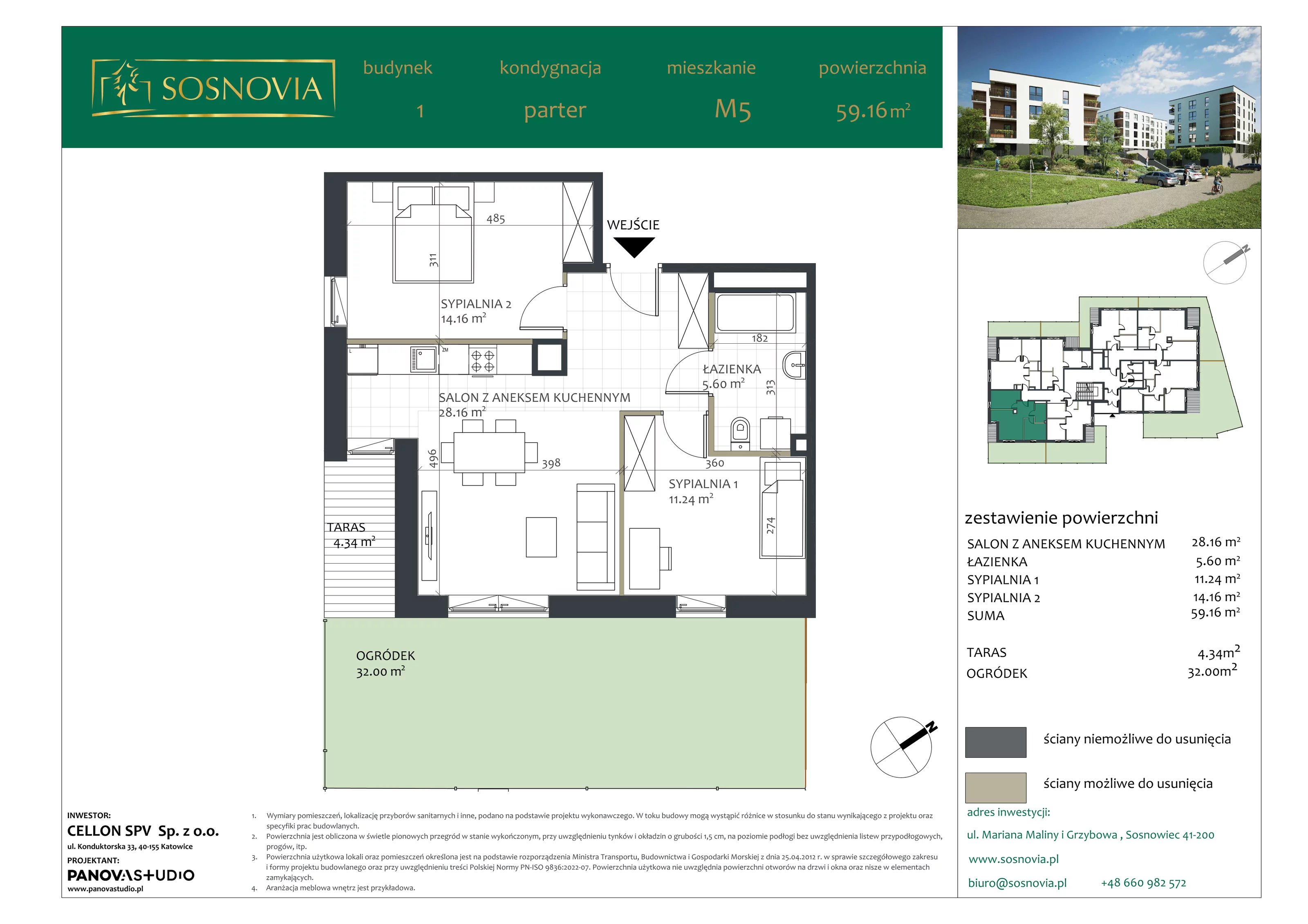 3 pokoje, mieszkanie 59,16 m², parter, oferta nr B1.M5, Sosnovia, Sosnowiec, Dańdówka, ul. Mariana Maliny/Grzybowa