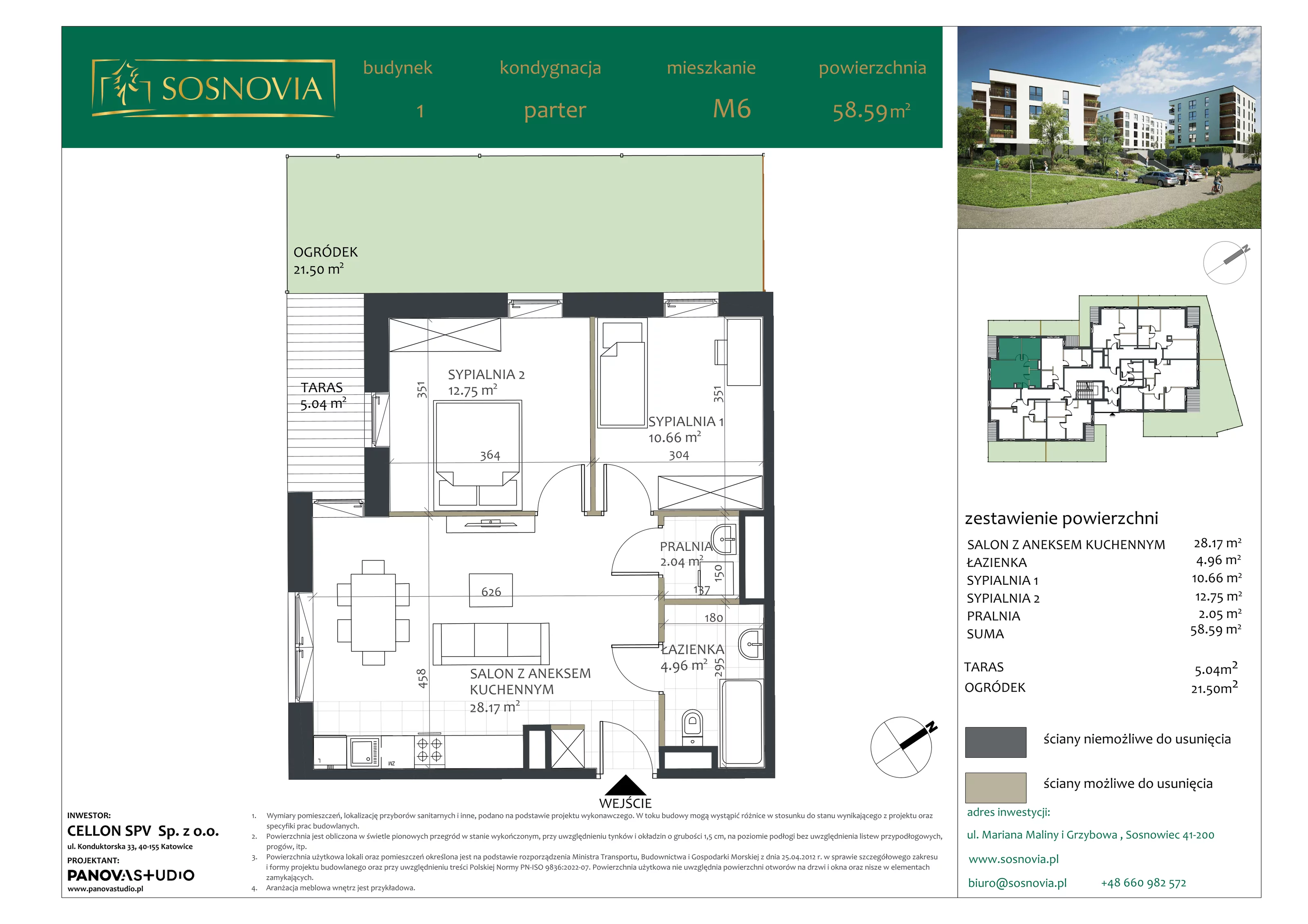 3 pokoje, mieszkanie 58,59 m², parter, oferta nr B1.M6, Sosnovia, Sosnowiec, Dańdówka, ul. Mariana Maliny/Grzybowa
