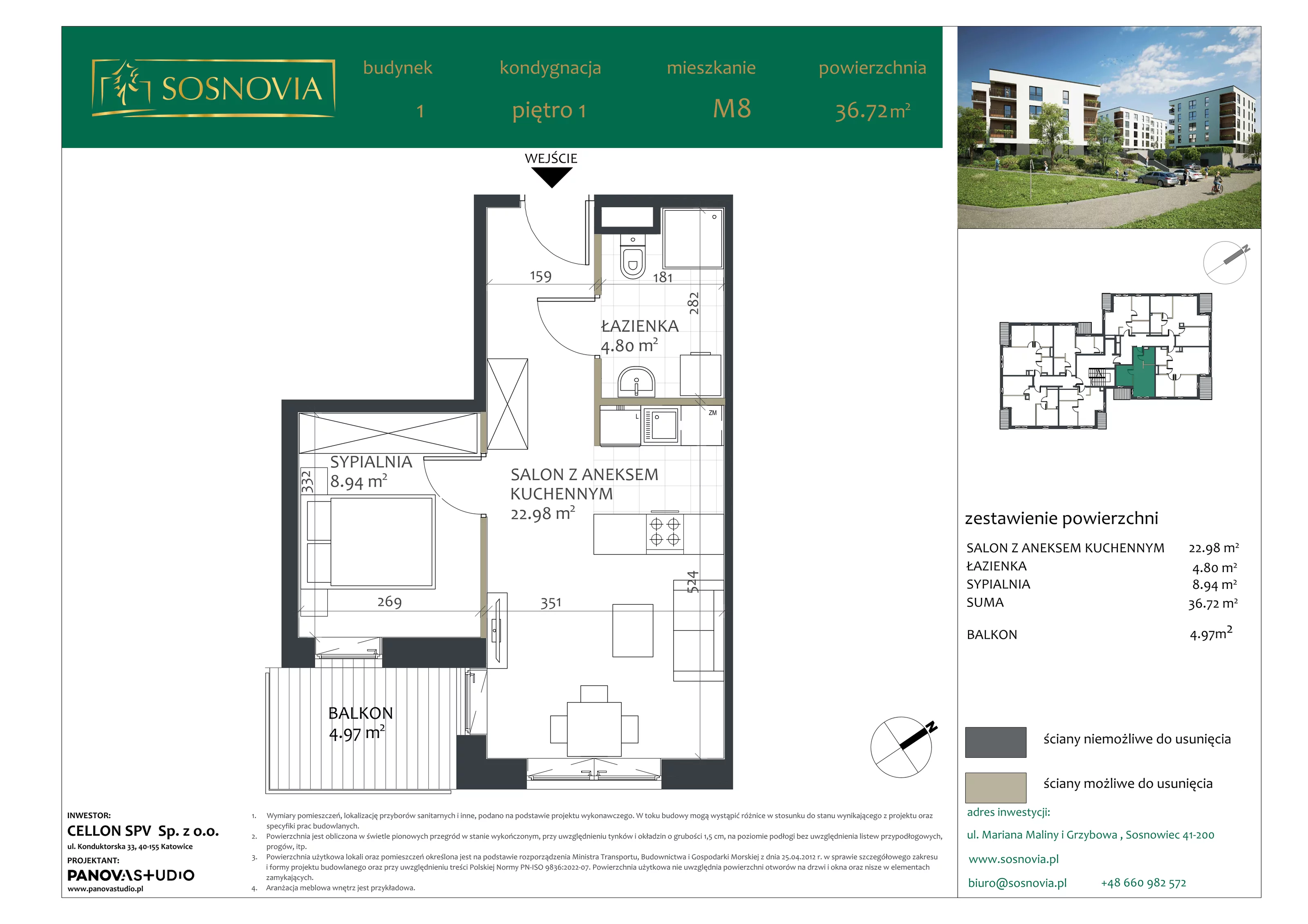 2 pokoje, mieszkanie 36,72 m², piętro 1, oferta nr B1.M8, Sosnovia, Sosnowiec, Dańdówka, ul. Mariana Maliny/Grzybowa