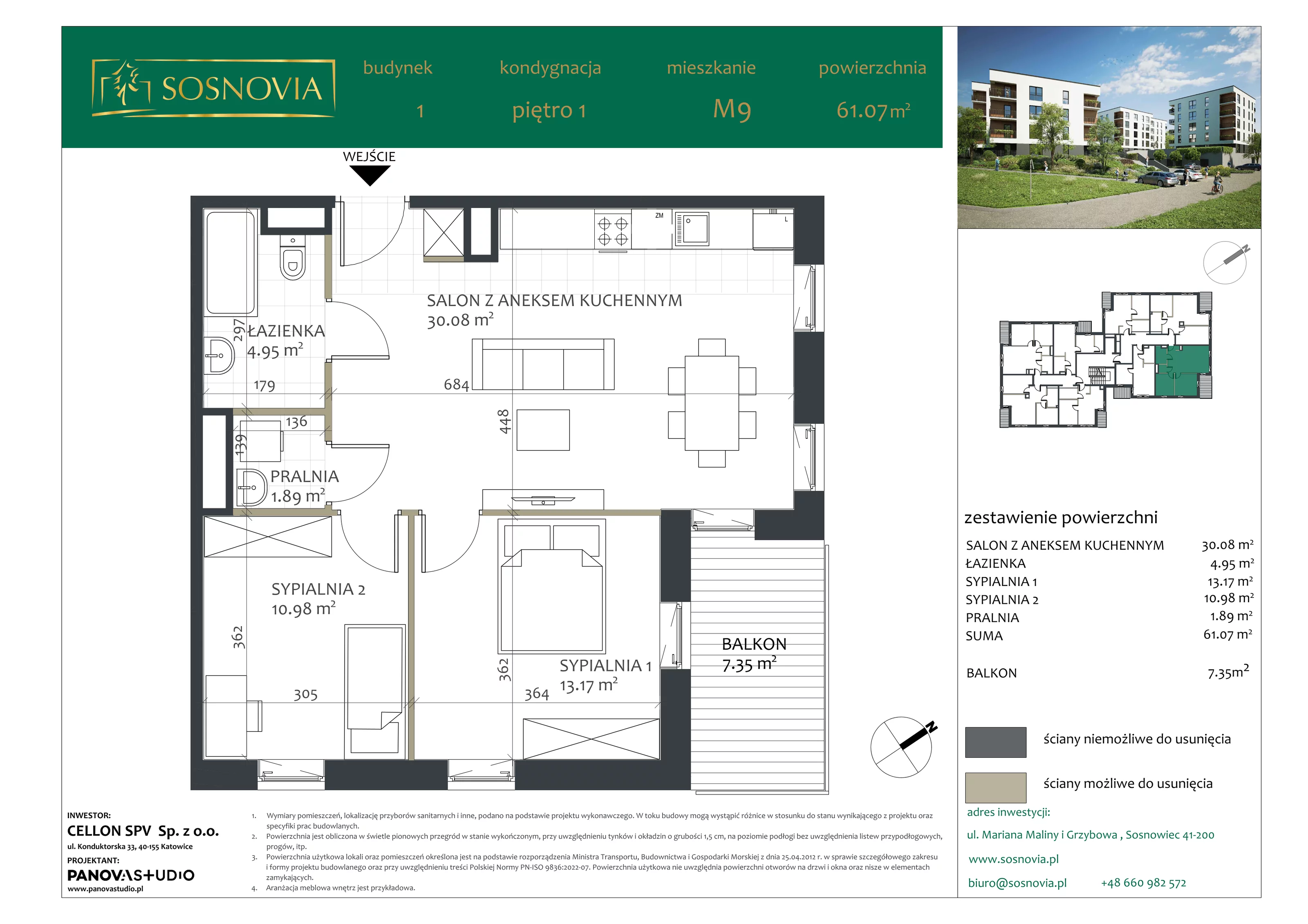 3 pokoje, mieszkanie 61,07 m², piętro 1, oferta nr B1.M9, Sosnovia, Sosnowiec, Dańdówka, ul. Mariana Maliny/Grzybowa