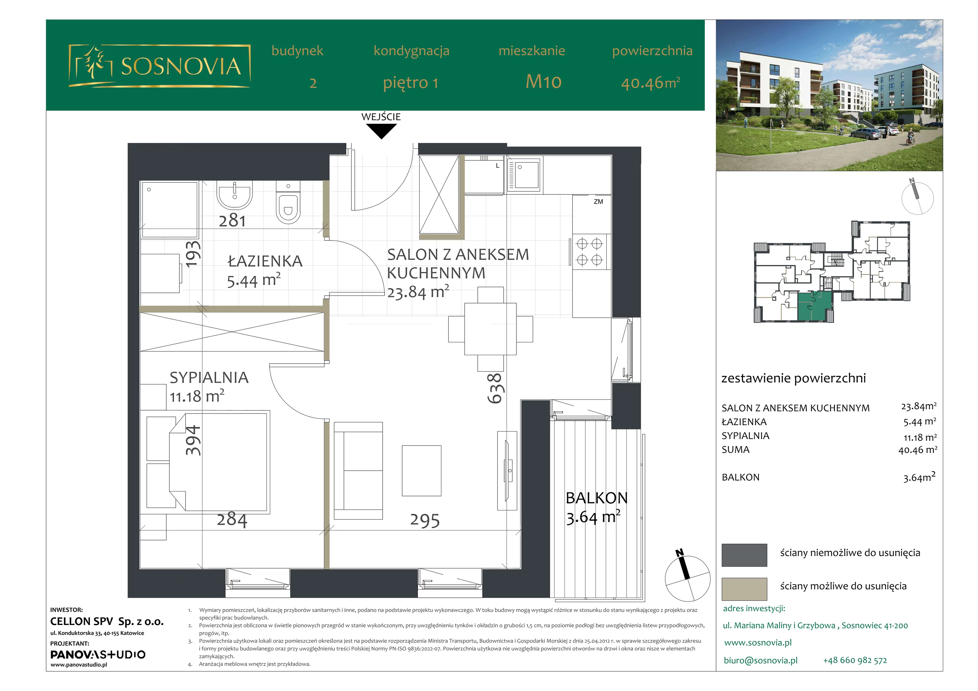 2 pokoje, mieszkanie 40,46 m², piętro 1, oferta nr B2.M10, Sosnovia, Sosnowiec, Dańdówka, ul. Mariana Maliny/Grzybowa