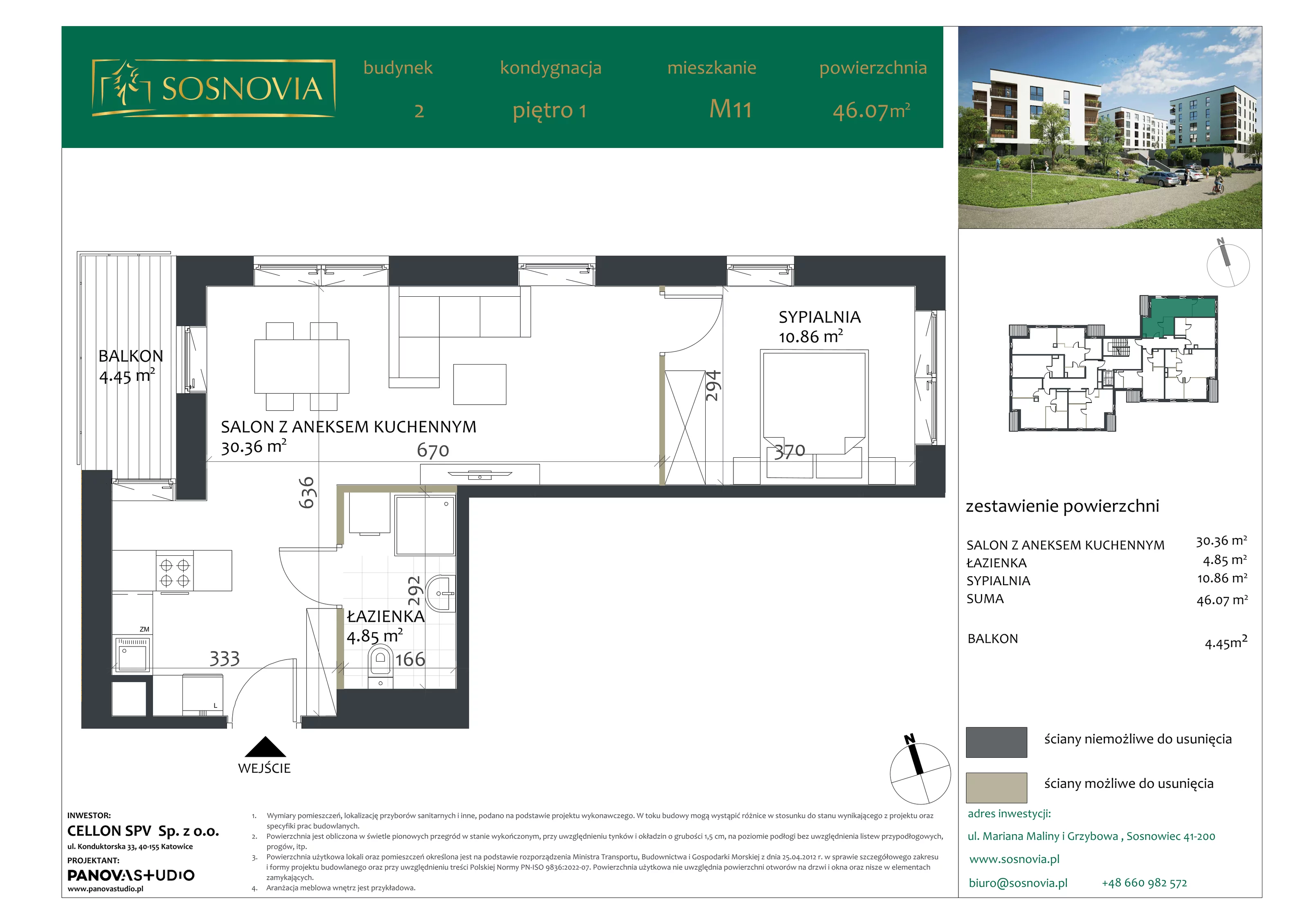 2 pokoje, mieszkanie 46,07 m², piętro 1, oferta nr B2.M11, Sosnovia, Sosnowiec, Dańdówka, ul. Mariana Maliny/Grzybowa