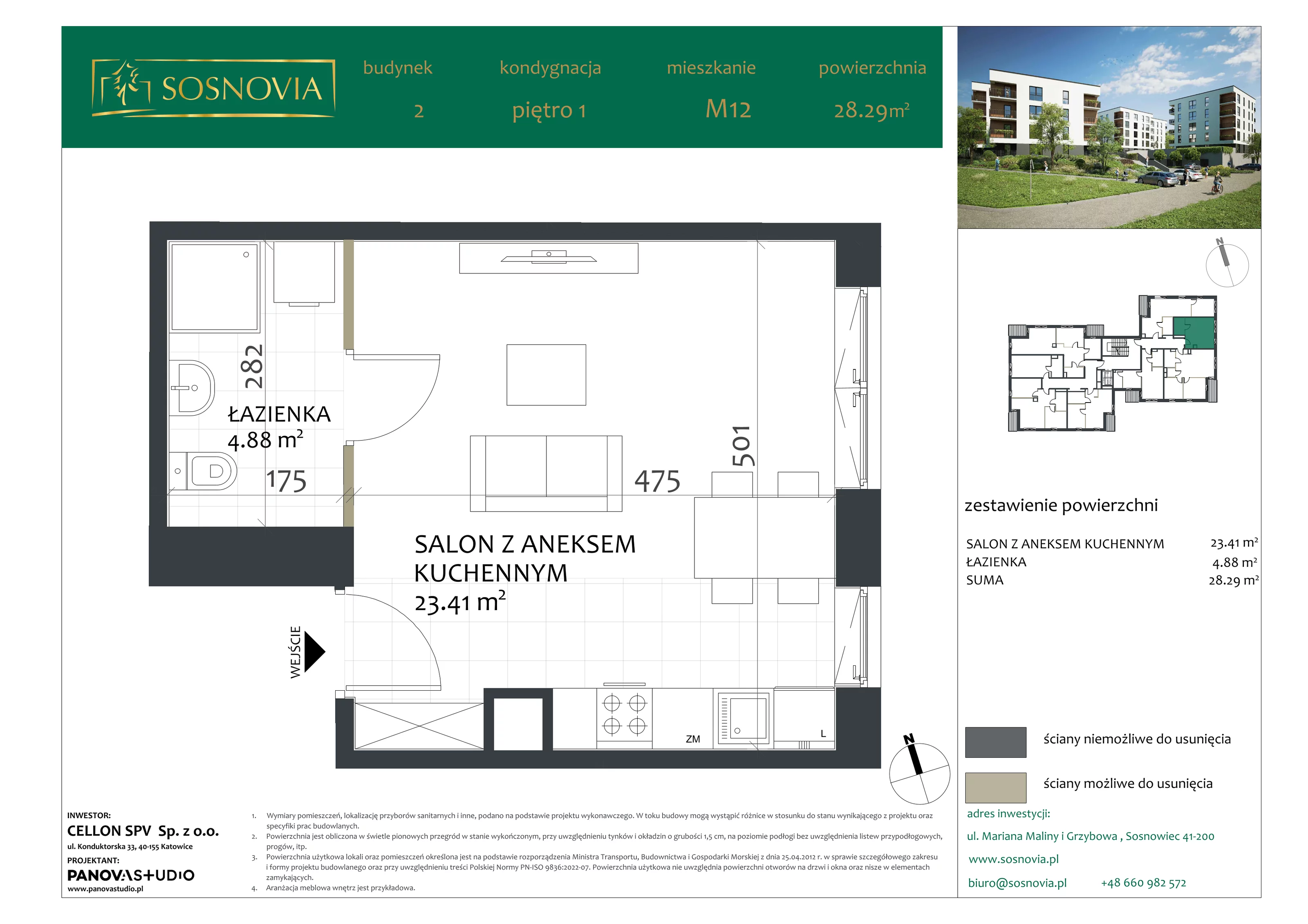 1 pokój, mieszkanie 28,29 m², piętro 1, oferta nr B2.M12, Sosnovia, Sosnowiec, Dańdówka, ul. Mariana Maliny/Grzybowa