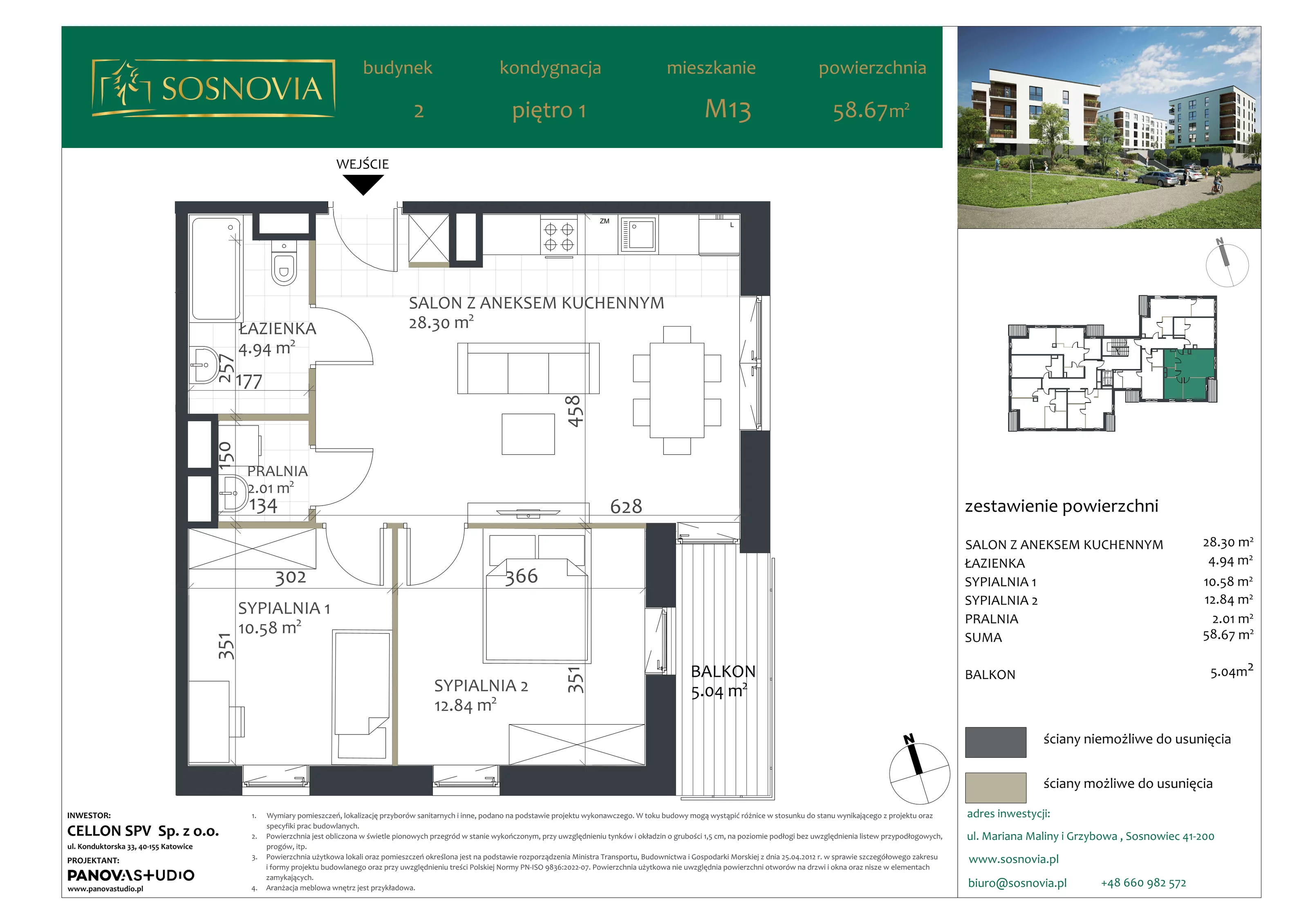 3 pokoje, mieszkanie 58,67 m², piętro 1, oferta nr B2.M13, Sosnovia, Sosnowiec, Dańdówka, ul. Mariana Maliny/Grzybowa