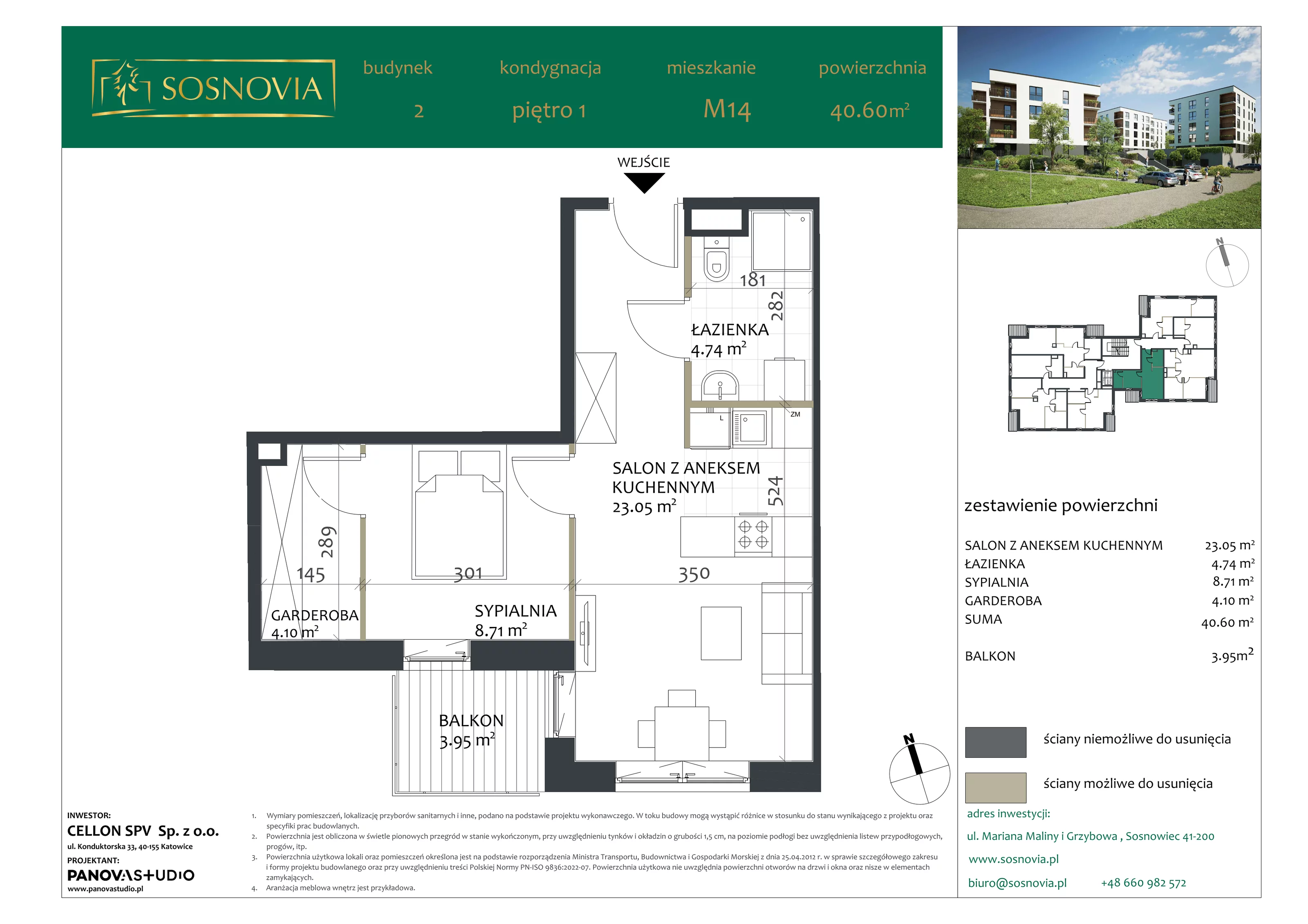 2 pokoje, mieszkanie 40,60 m², piętro 1, oferta nr B2.M14, Sosnovia, Sosnowiec, Dańdówka, ul. Mariana Maliny/Grzybowa