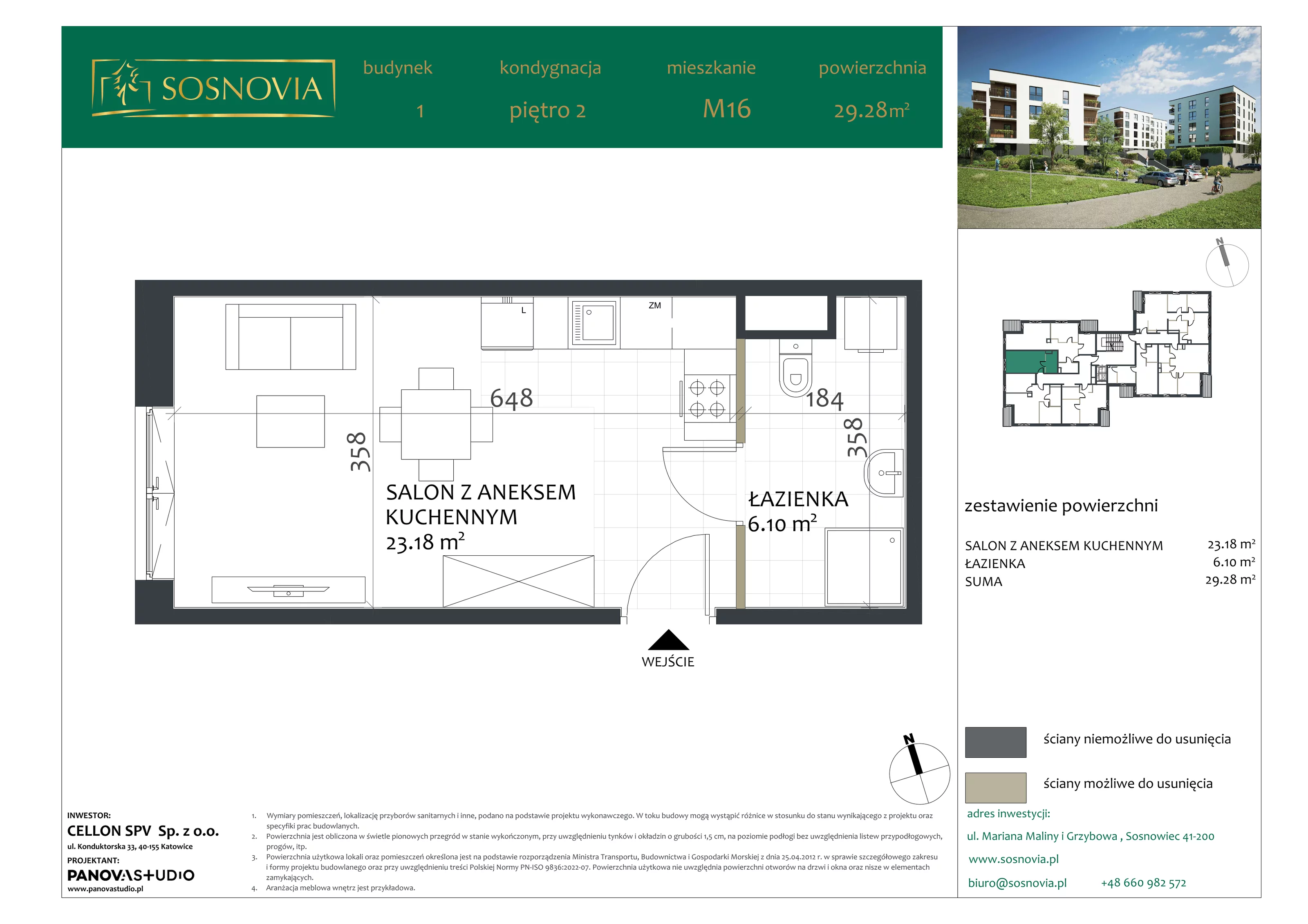 1 pokój, mieszkanie 29,28 m², piętro 2, oferta nr B2.M16, Sosnovia, Sosnowiec, Dańdówka, ul. Mariana Maliny/Grzybowa