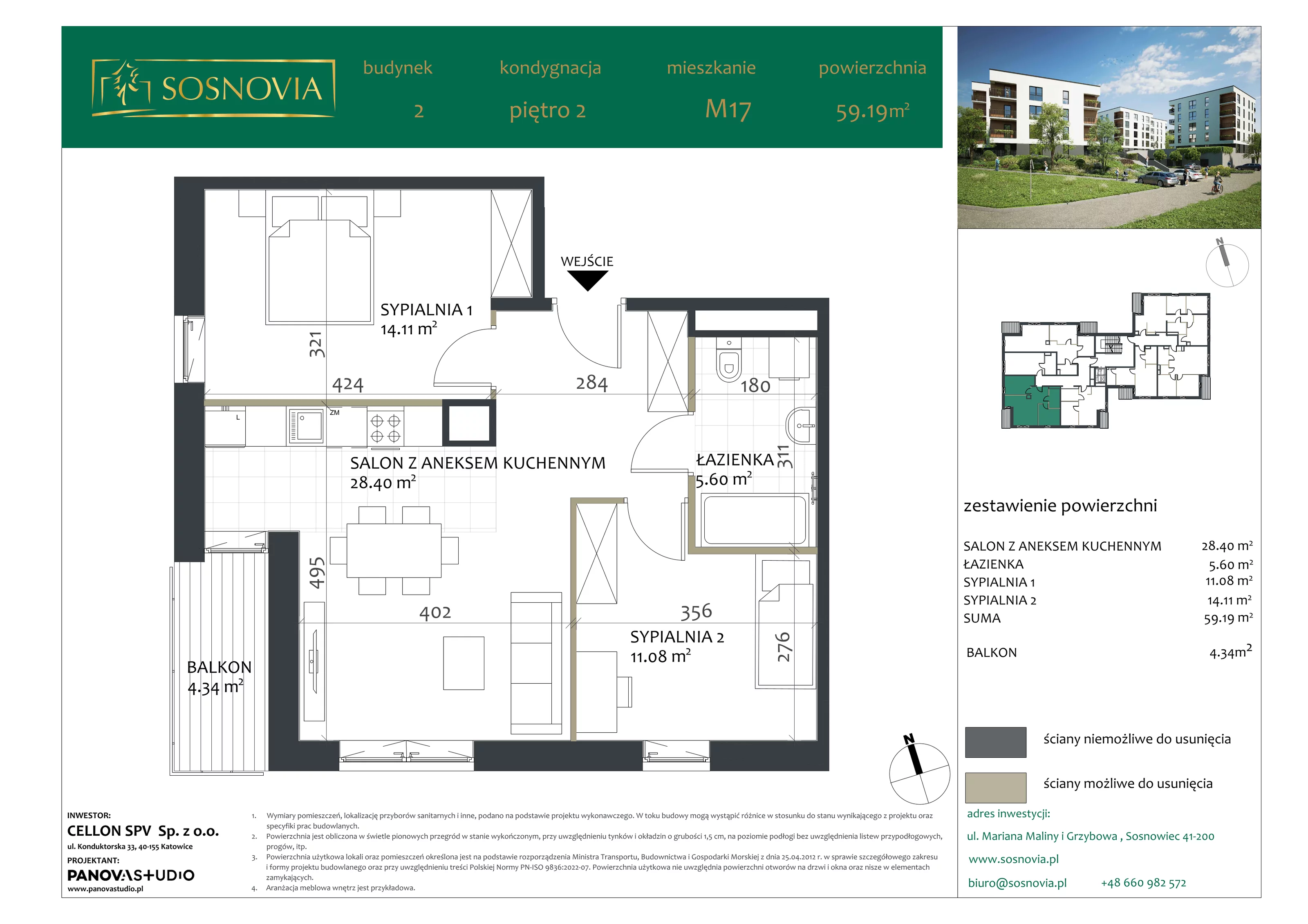 3 pokoje, mieszkanie 59,19 m², piętro 2, oferta nr B2.M17, Sosnovia, Sosnowiec, Dańdówka, ul. Mariana Maliny/Grzybowa