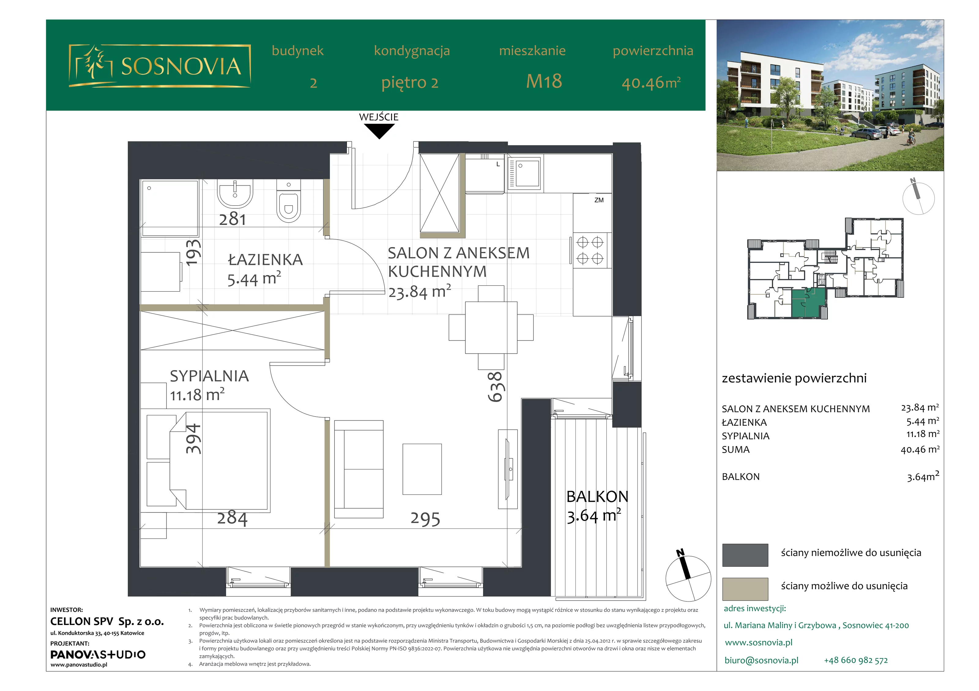2 pokoje, mieszkanie 40,46 m², piętro 2, oferta nr B2.M18, Sosnovia, Sosnowiec, Dańdówka, ul. Mariana Maliny/Grzybowa