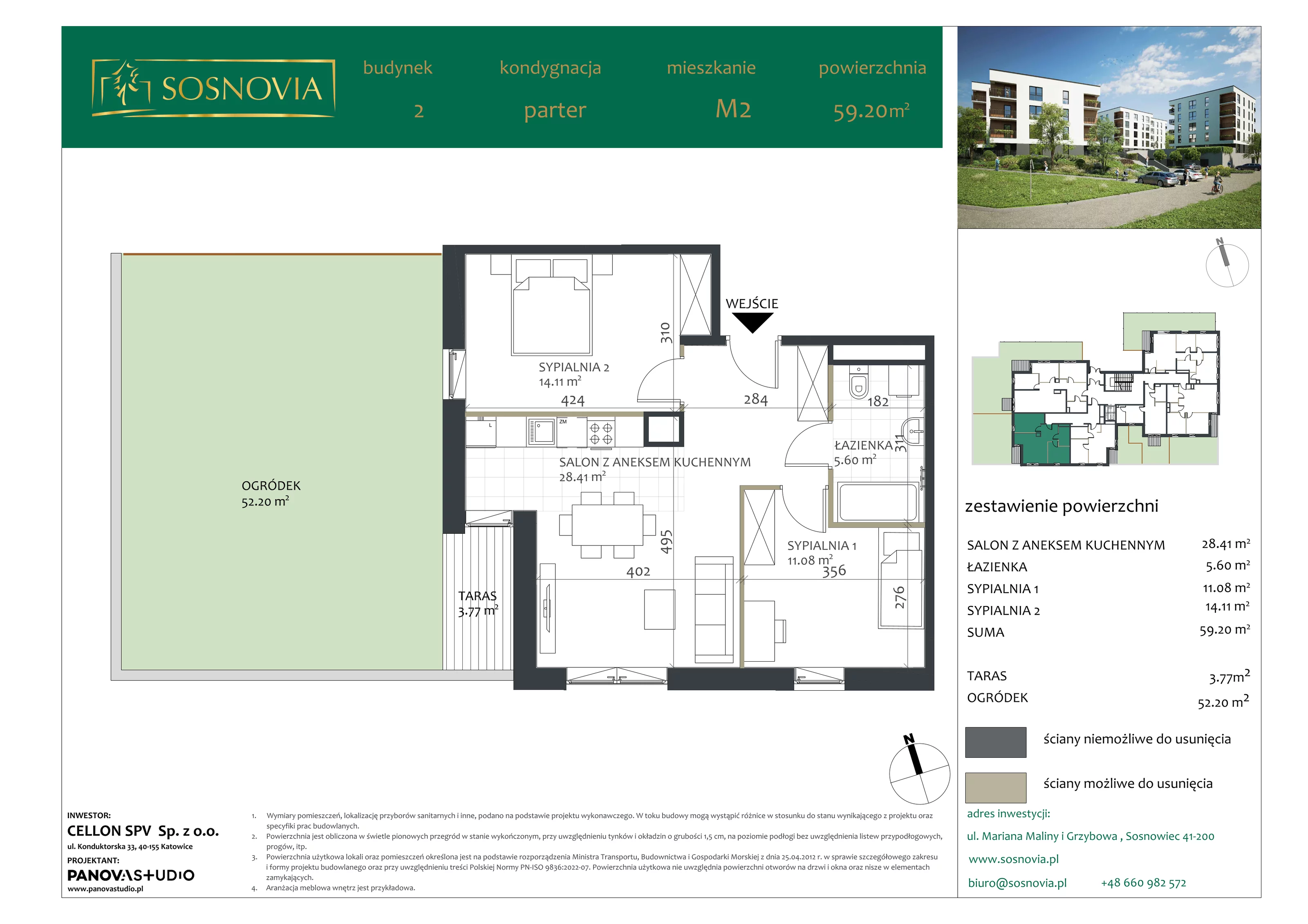 3 pokoje, mieszkanie 59,20 m², parter, oferta nr B2.M2, Sosnovia, Sosnowiec, Dańdówka, ul. Mariana Maliny/Grzybowa