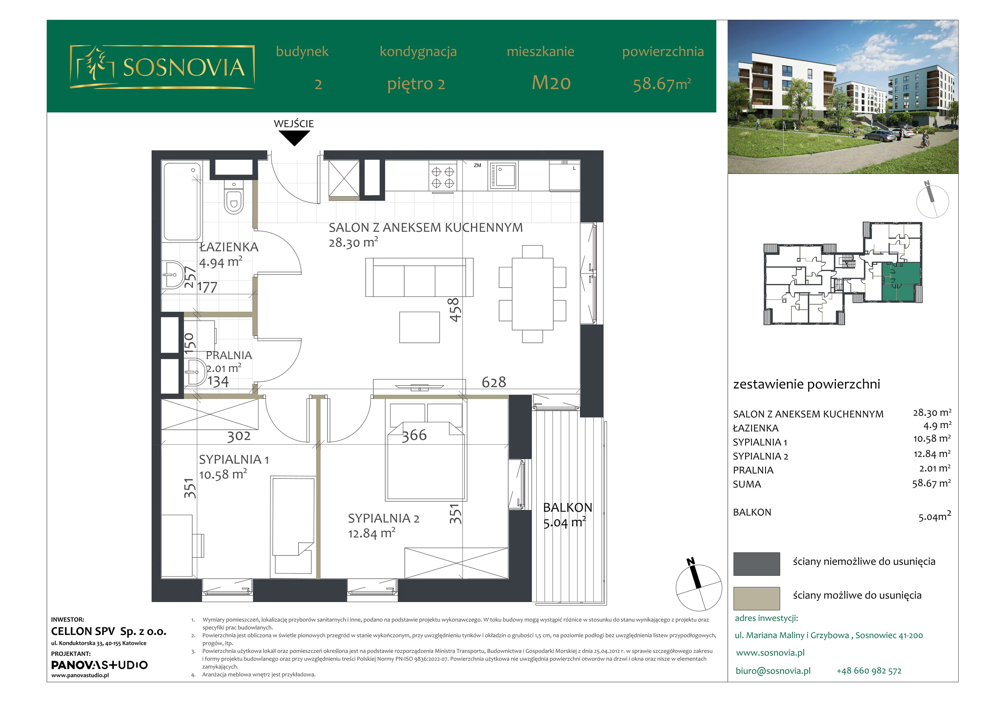 3 pokoje, mieszkanie 58,67 m², piętro 2, oferta nr B2.M20, Sosnovia, Sosnowiec, Dańdówka, ul. Mariana Maliny/Grzybowa