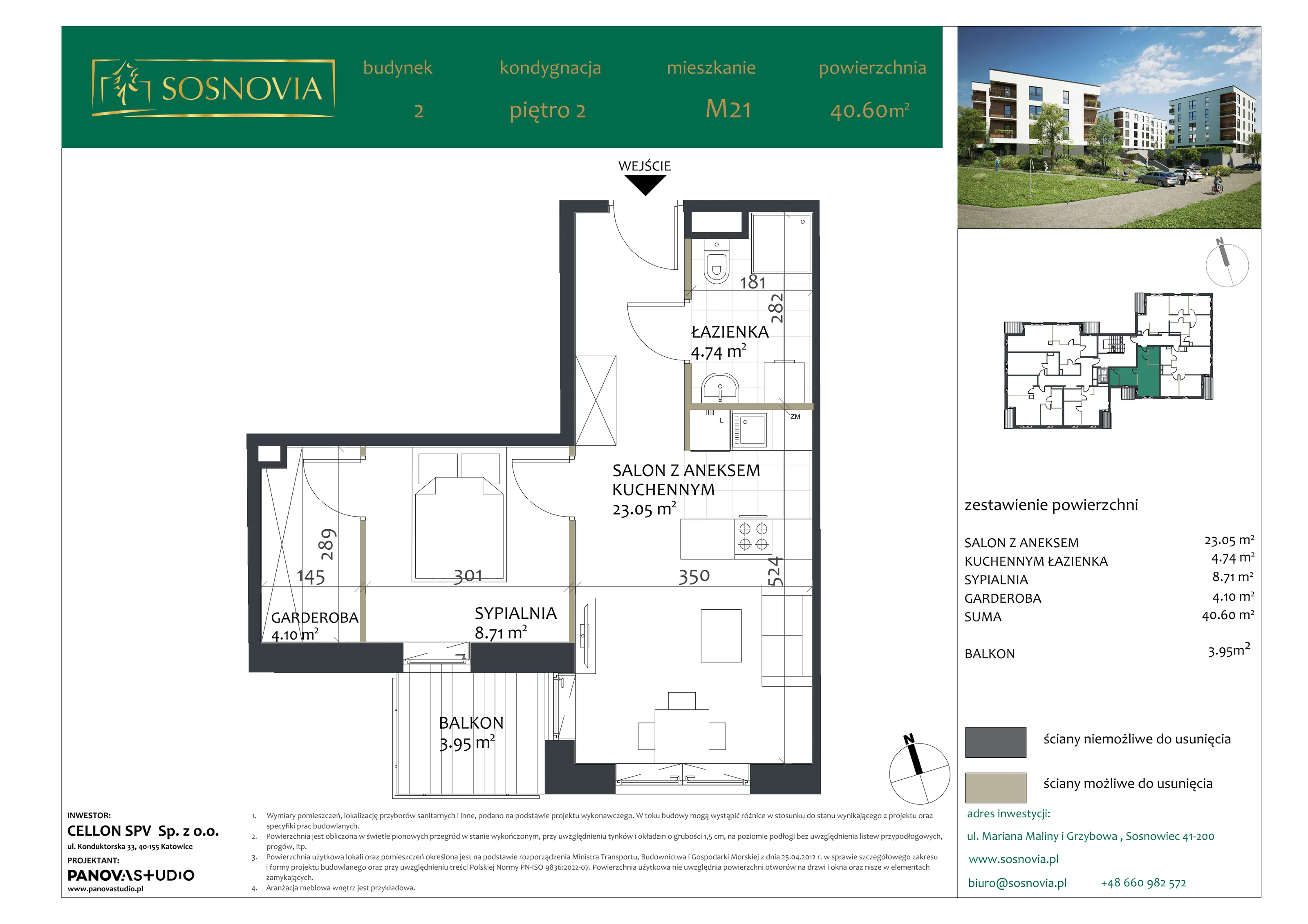 2 pokoje, mieszkanie 40,60 m², piętro 2, oferta nr B2.M21, Sosnovia, Sosnowiec, Dańdówka, ul. Mariana Maliny/Grzybowa