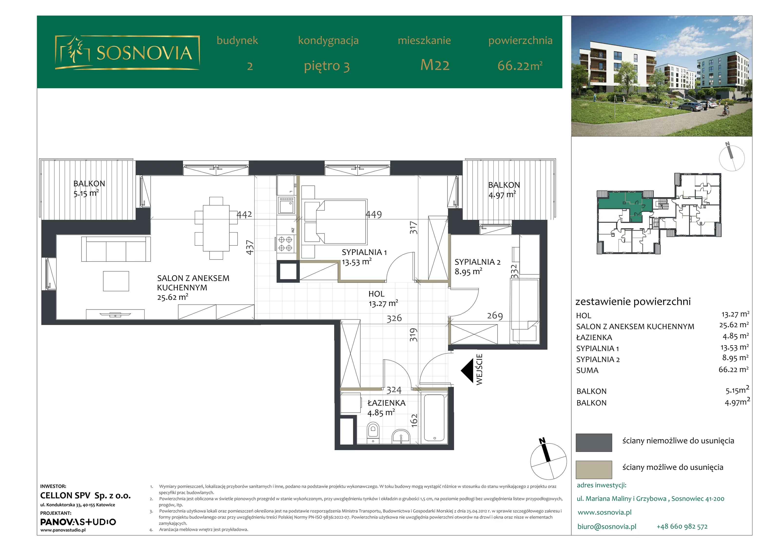 3 pokoje, mieszkanie 66,22 m², piętro 3, oferta nr B2.M22, Sosnovia, Sosnowiec, Dańdówka, ul. Mariana Maliny/Grzybowa
