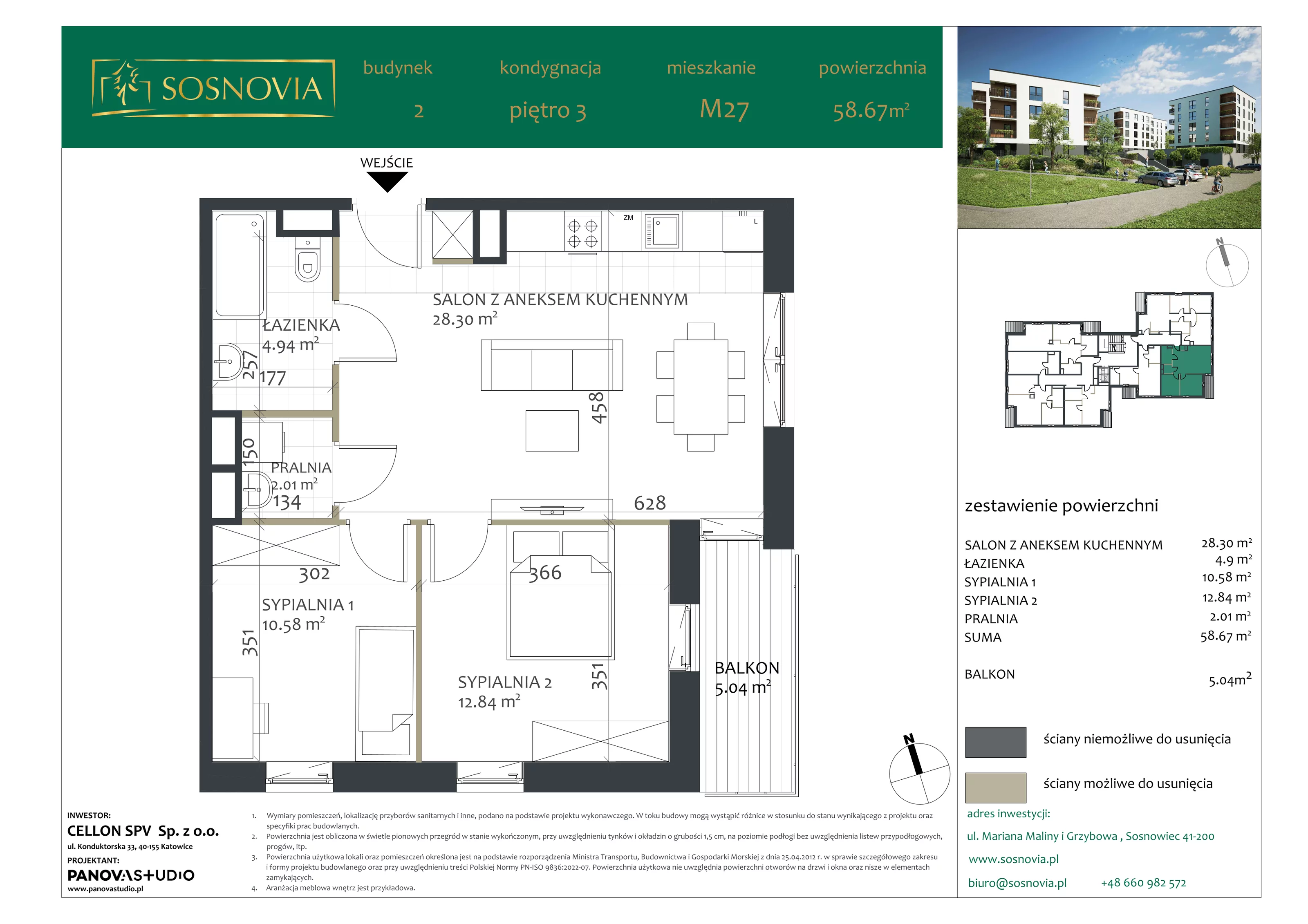 3 pokoje, mieszkanie 58,67 m², piętro 3, oferta nr B2.M27, Sosnovia, Sosnowiec, Dańdówka, ul. Mariana Maliny/Grzybowa