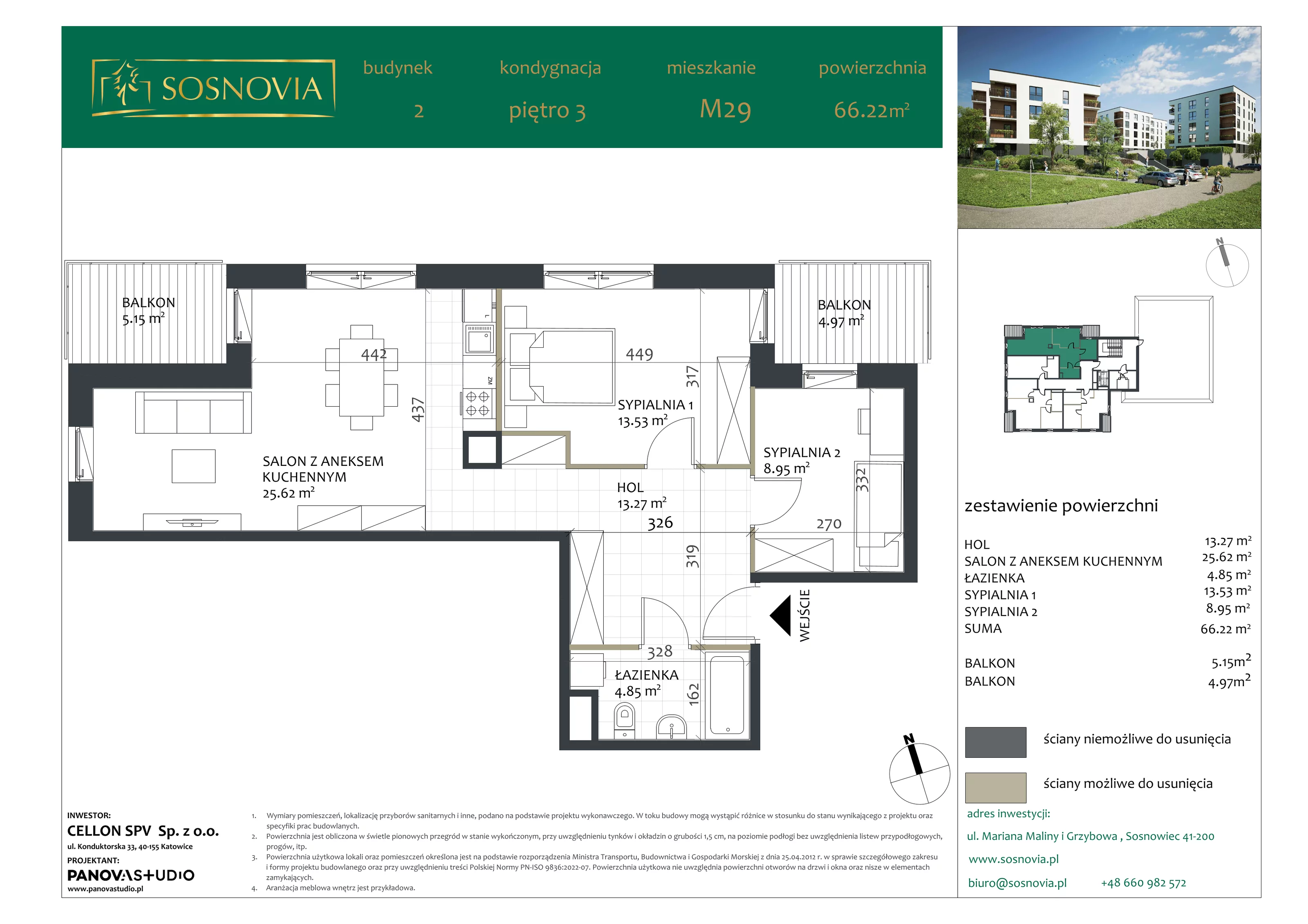3 pokoje, mieszkanie 66,22 m², piętro 4, oferta nr B2.M29, Sosnovia, Sosnowiec, Dańdówka, ul. Mariana Maliny/Grzybowa