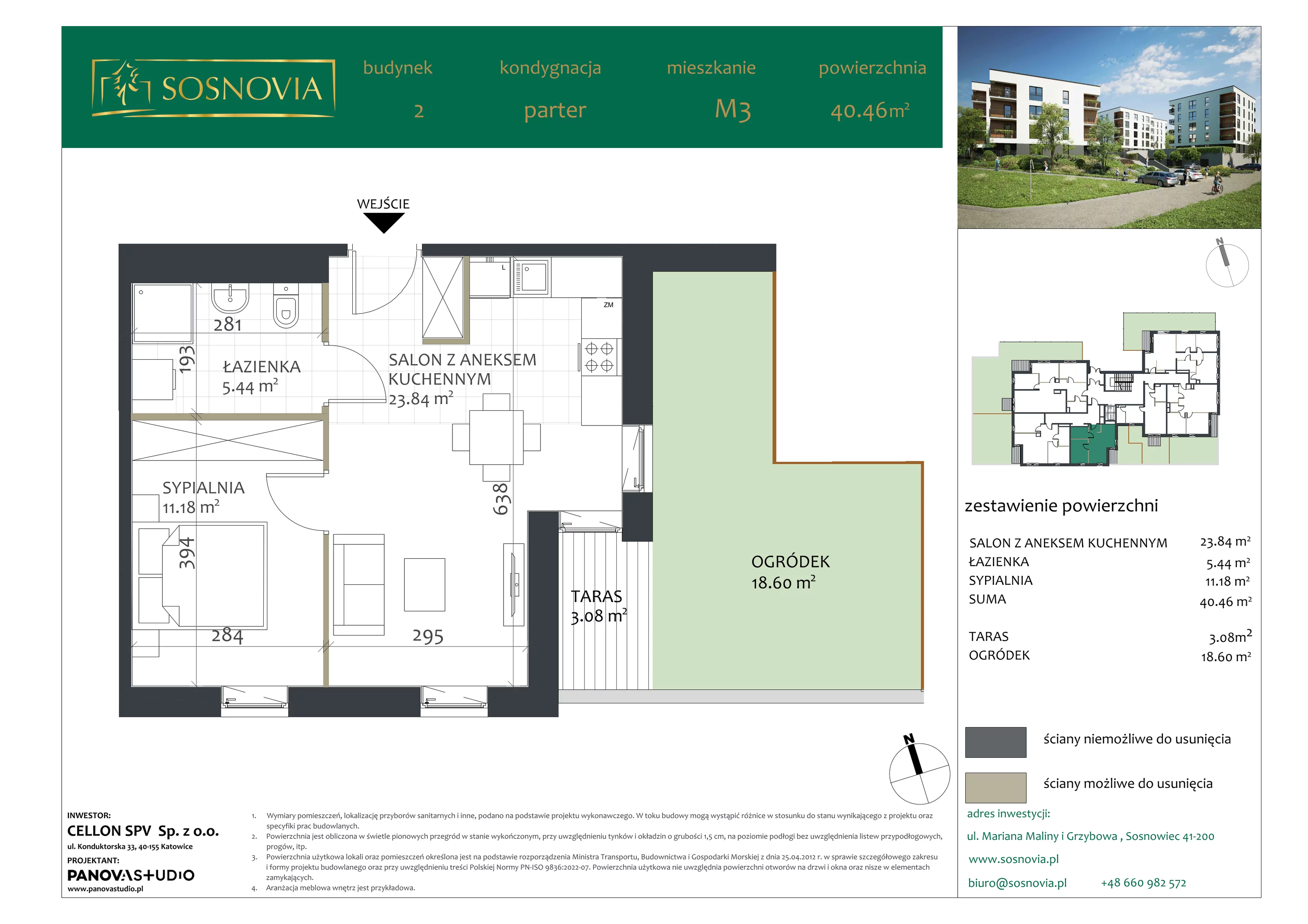 2 pokoje, mieszkanie 40,46 m², parter, oferta nr B2.M3, Sosnovia, Sosnowiec, Dańdówka, ul. Mariana Maliny/Grzybowa