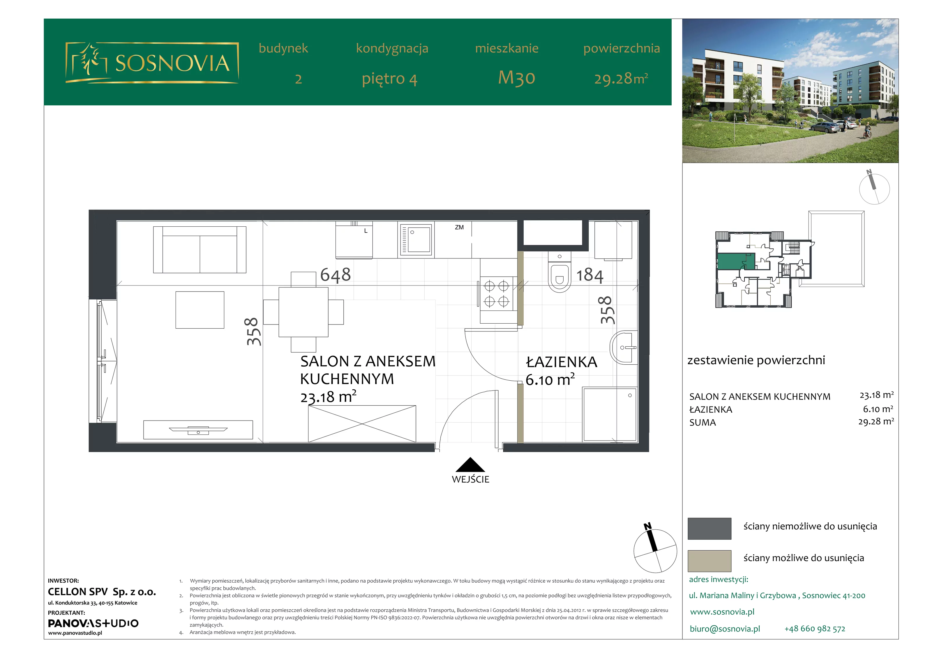 1 pokój, mieszkanie 29,28 m², piętro 4, oferta nr B2.M30, Sosnovia, Sosnowiec, Dańdówka, ul. Mariana Maliny/Grzybowa