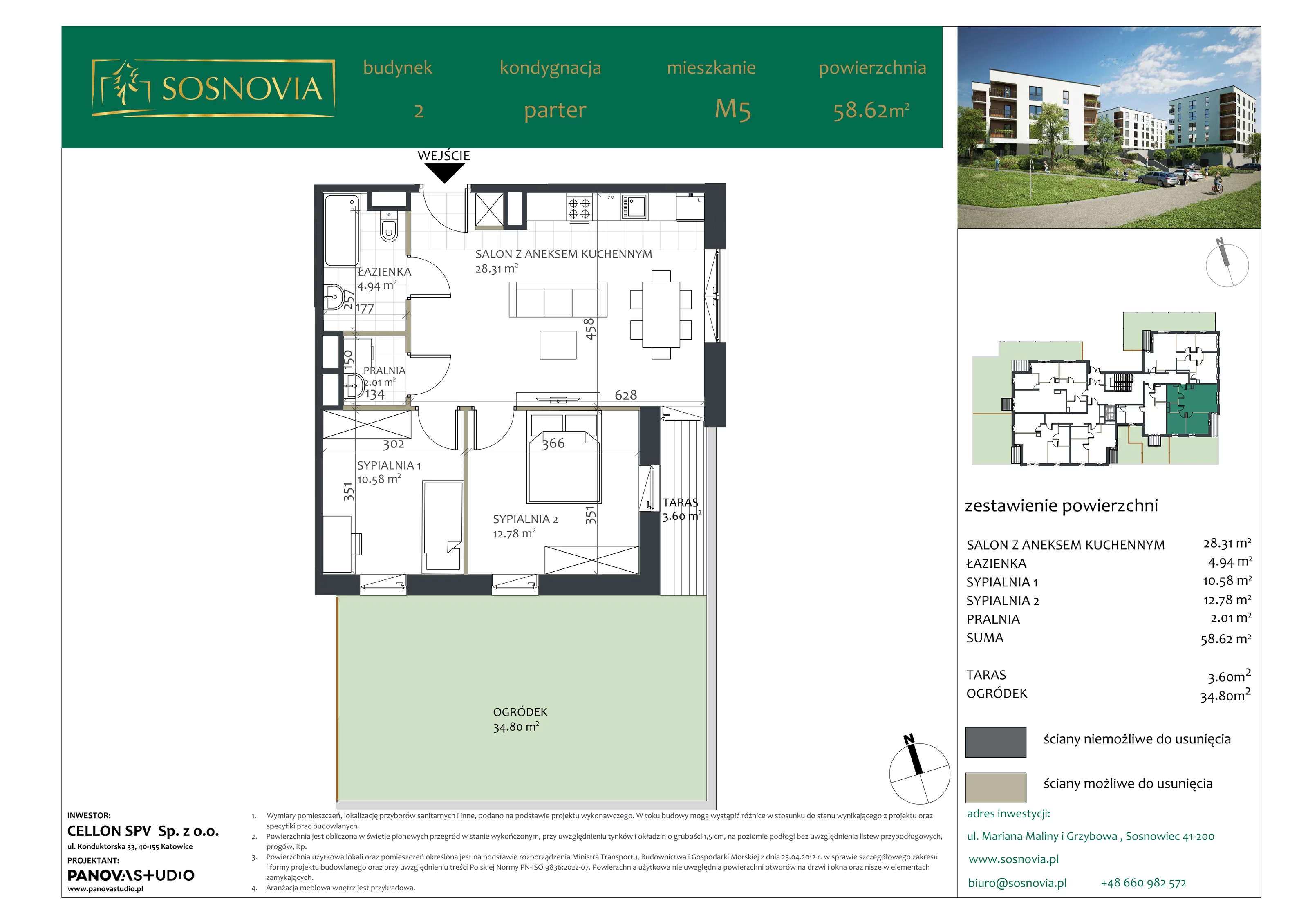 3 pokoje, mieszkanie 58,62 m², parter, oferta nr B2.M5, Sosnovia, Sosnowiec, Dańdówka, ul. Mariana Maliny/Grzybowa