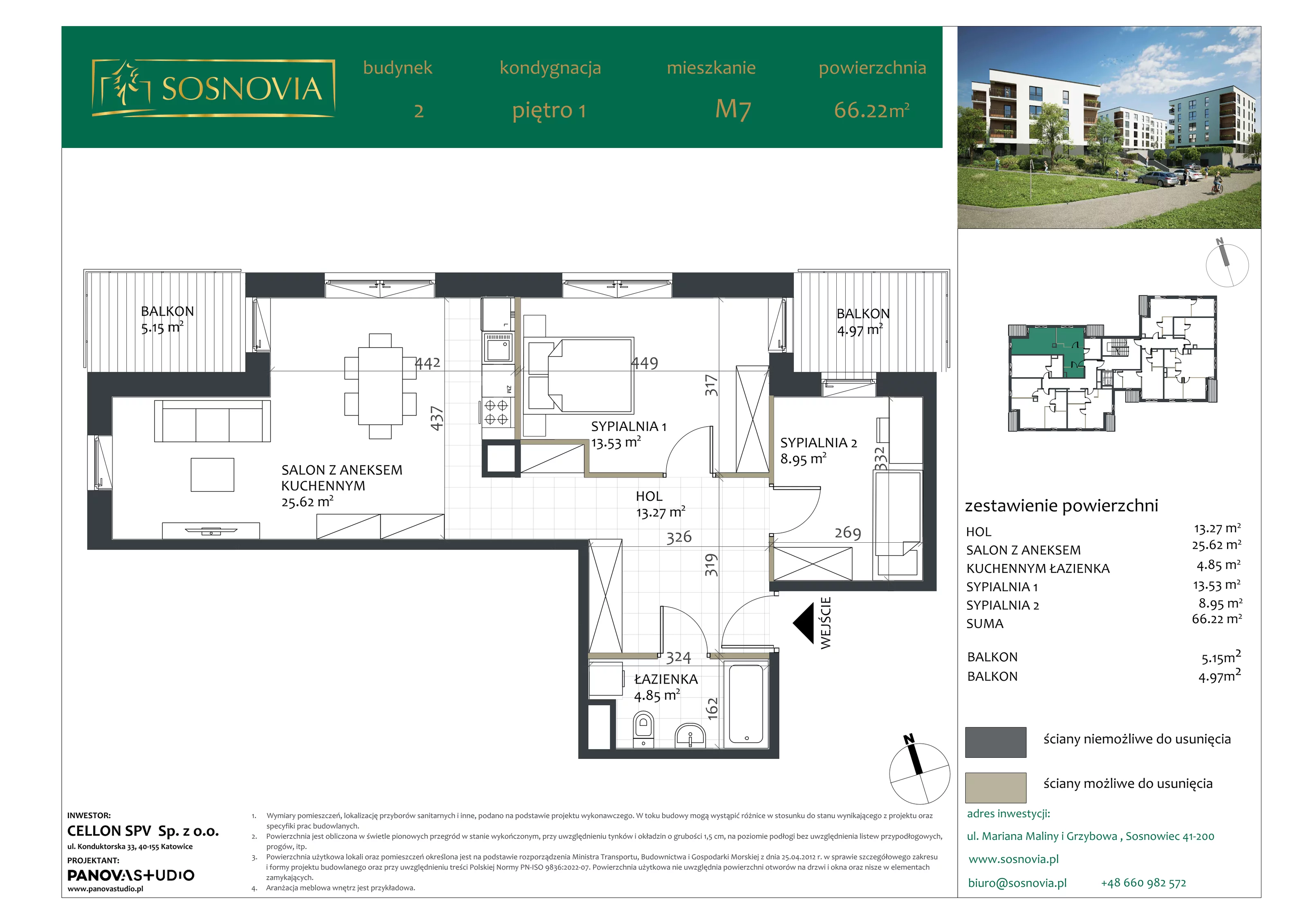 3 pokoje, mieszkanie 66,22 m², piętro 1, oferta nr B2.M7, Sosnovia, Sosnowiec, Dańdówka, ul. Mariana Maliny/Grzybowa