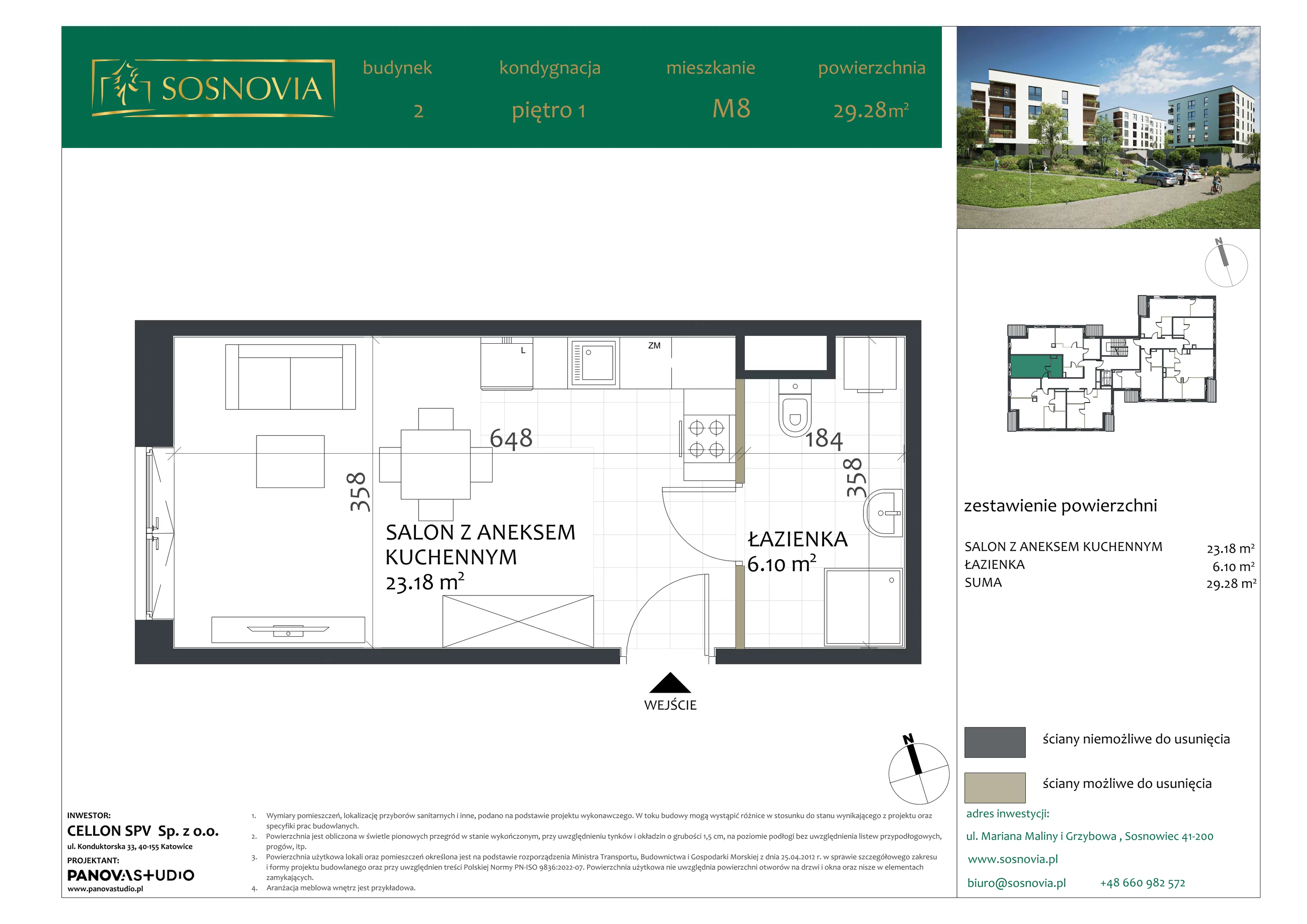 1 pokój, mieszkanie 29,28 m², piętro 1, oferta nr B2.M8, Sosnovia, Sosnowiec, Dańdówka, ul. Mariana Maliny/Grzybowa