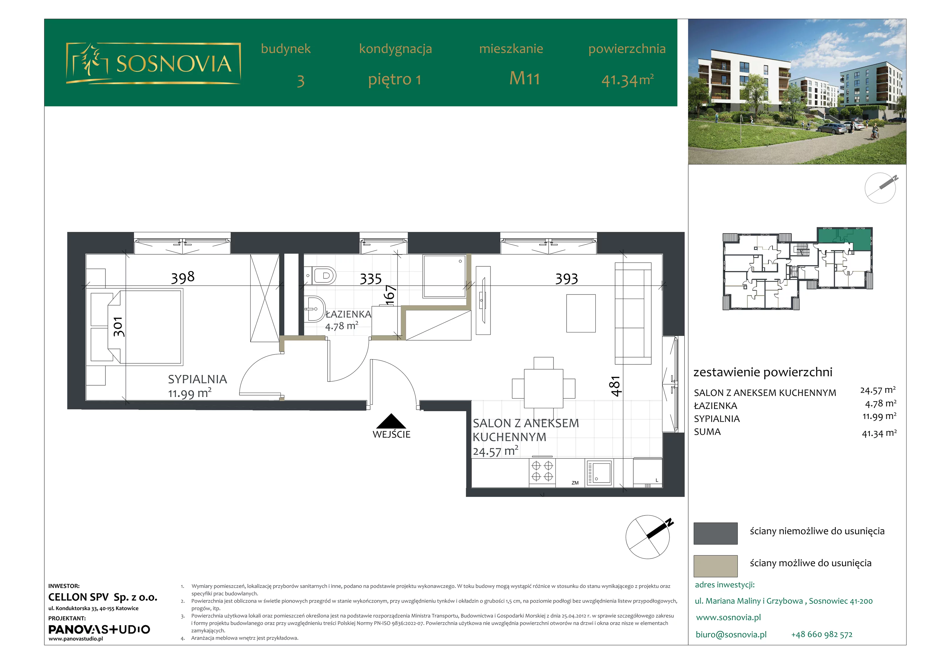 2 pokoje, mieszkanie 41,34 m², piętro 1, oferta nr B3.M11, Sosnovia, Sosnowiec, Dańdówka, ul. Mariana Maliny/Grzybowa