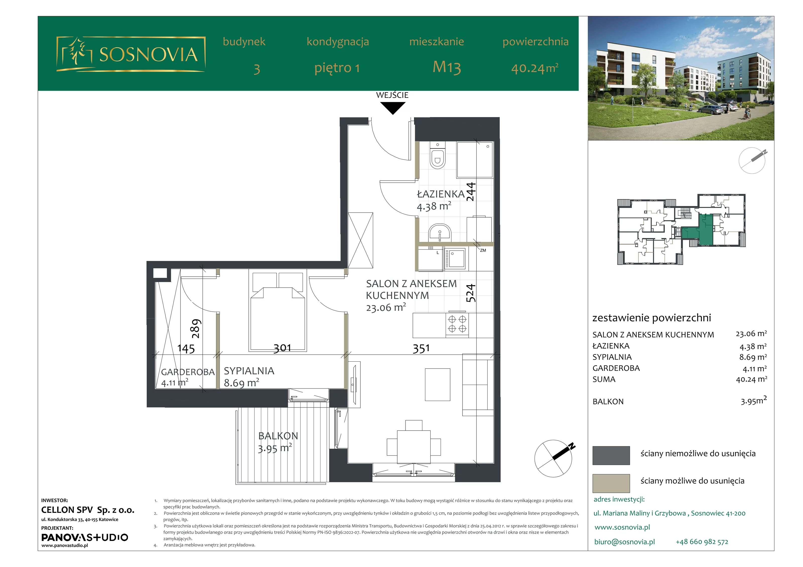 2 pokoje, mieszkanie 40,24 m², piętro 1, oferta nr B3.M13, Sosnovia, Sosnowiec, Dańdówka, ul. Mariana Maliny/Grzybowa
