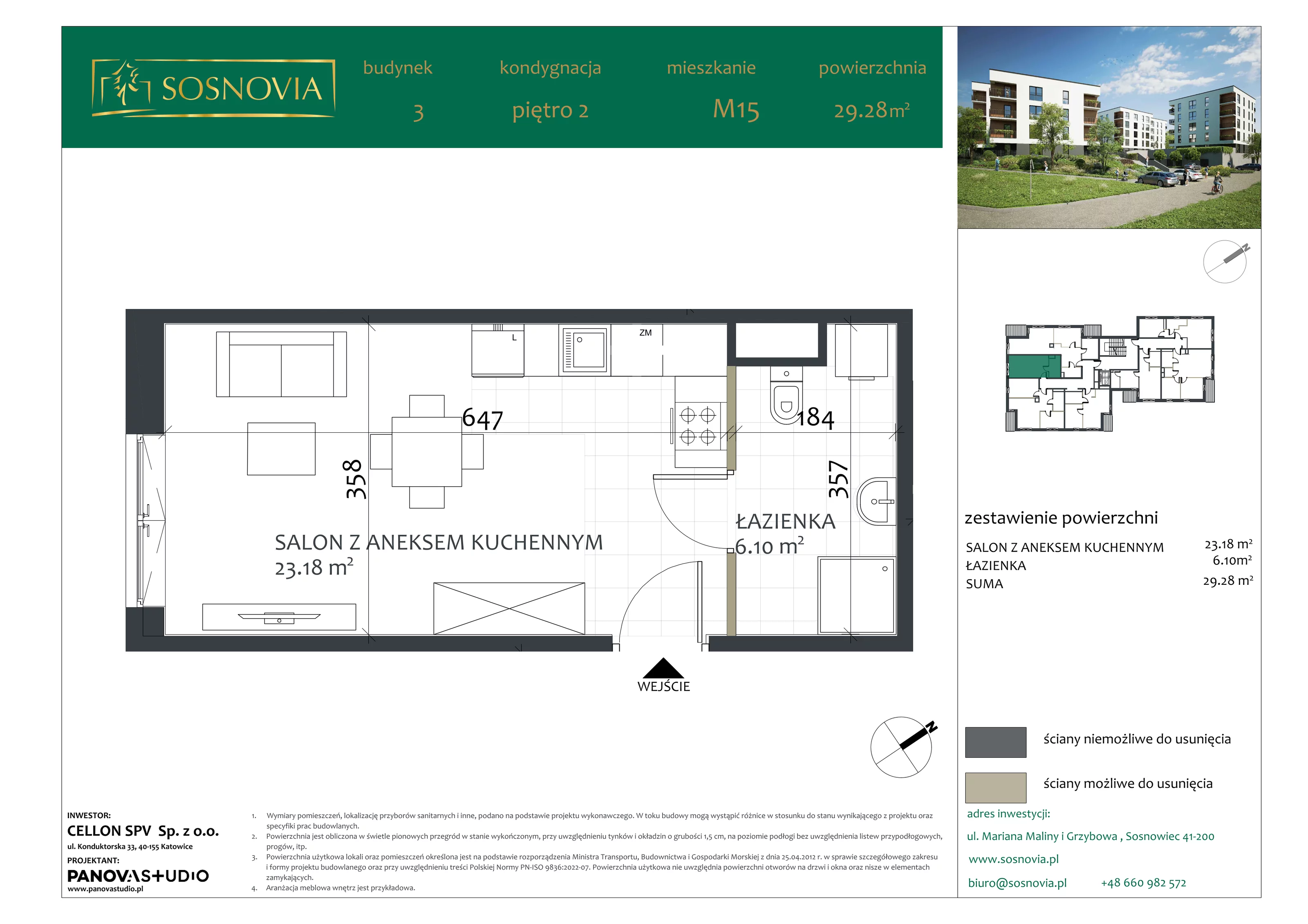 1 pokój, mieszkanie 29,28 m², piętro 2, oferta nr B3.M15, Sosnovia, Sosnowiec, Dańdówka, ul. Mariana Maliny/Grzybowa