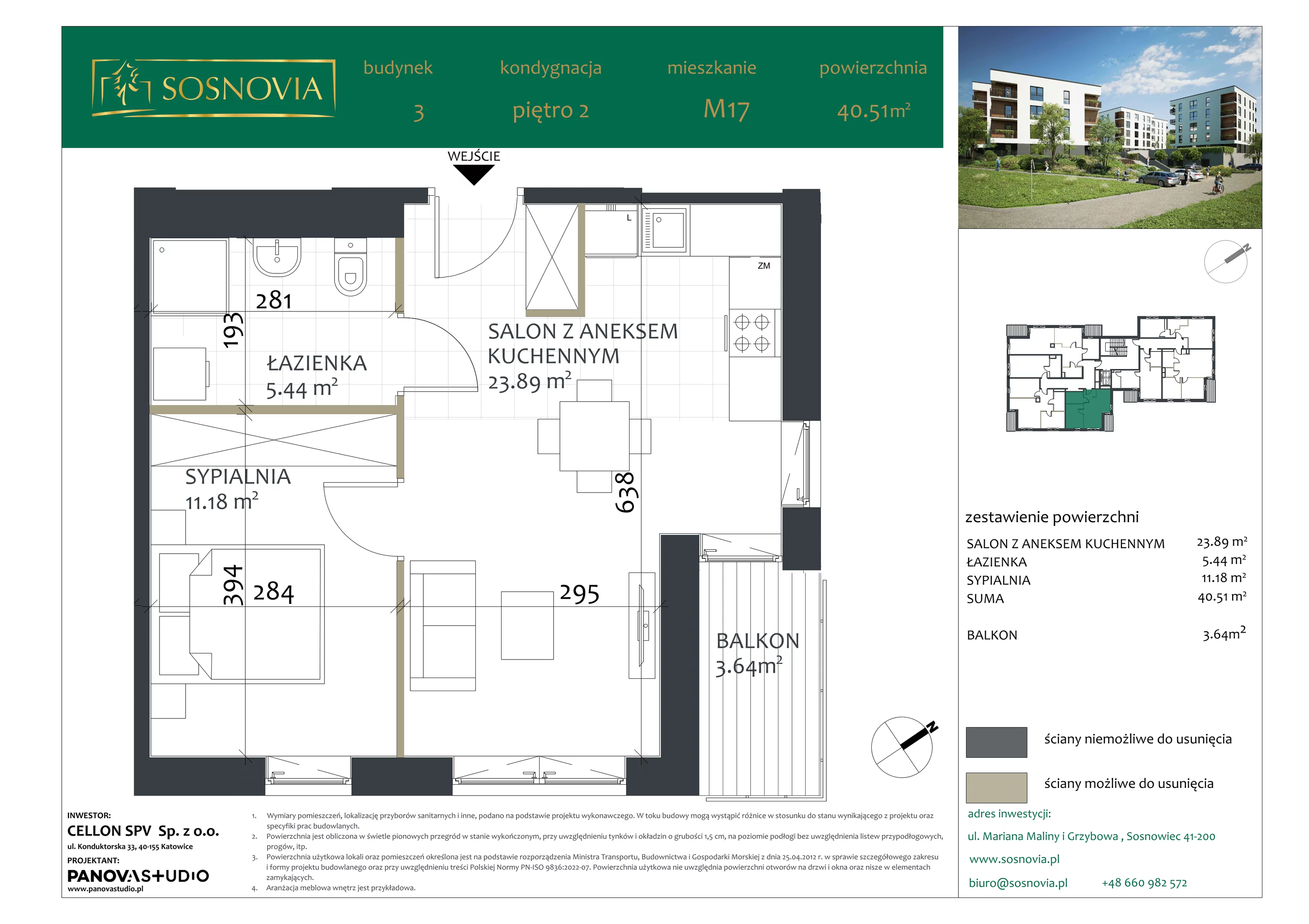 2 pokoje, mieszkanie 40,51 m², piętro 2, oferta nr B3.M17, Sosnovia, Sosnowiec, Dańdówka, ul. Mariana Maliny/Grzybowa