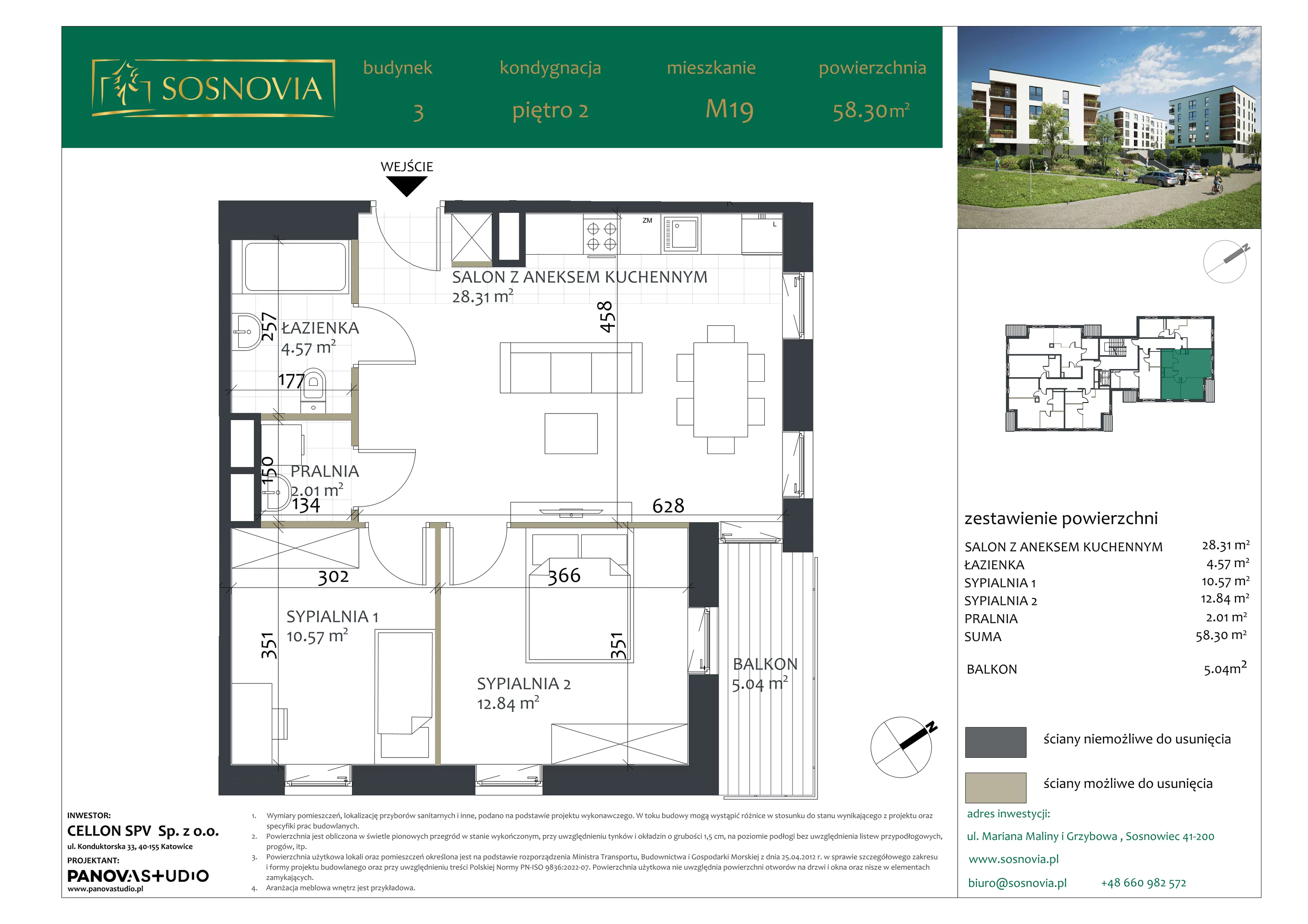 3 pokoje, mieszkanie 58,30 m², piętro 2, oferta nr B3.M19, Sosnovia, Sosnowiec, Dańdówka, ul. Mariana Maliny/Grzybowa