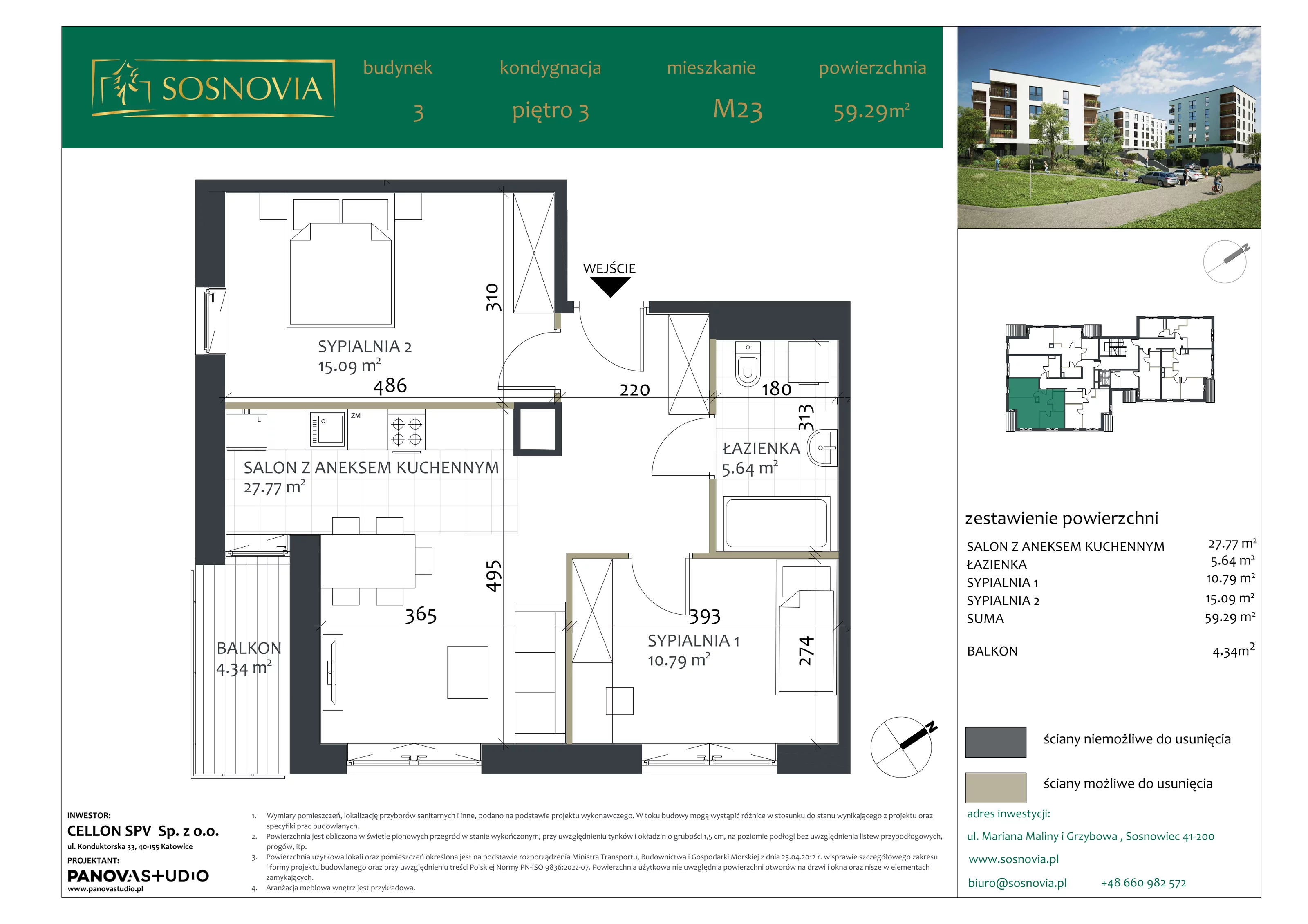 3 pokoje, mieszkanie 59,29 m², piętro 3, oferta nr B3.M23, Sosnovia, Sosnowiec, Dańdówka, ul. Mariana Maliny/Grzybowa