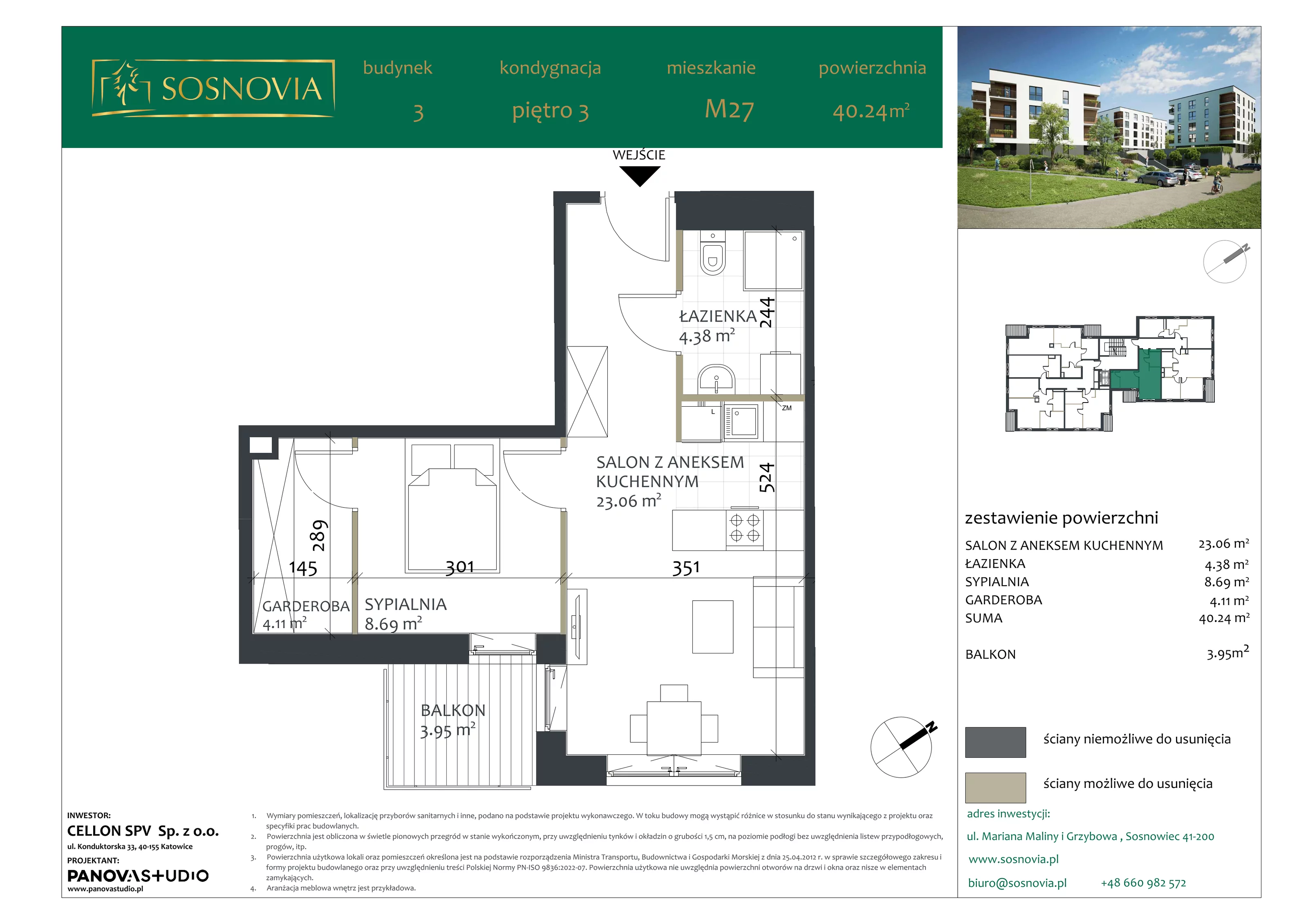 2 pokoje, mieszkanie 40,24 m², piętro 3, oferta nr B3.M27, Sosnovia, Sosnowiec, Dańdówka, ul. Mariana Maliny/Grzybowa