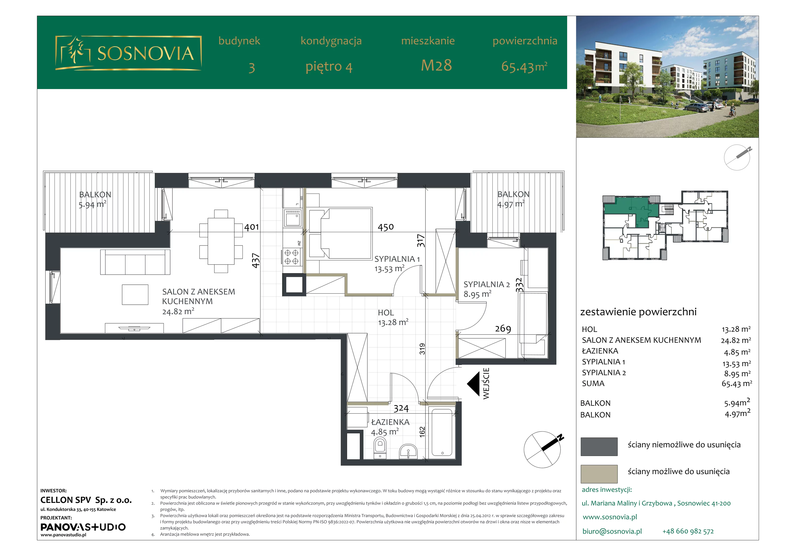 3 pokoje, mieszkanie 65,43 m², piętro 4, oferta nr B3.M28, Sosnovia, Sosnowiec, Dańdówka, ul. Mariana Maliny/Grzybowa