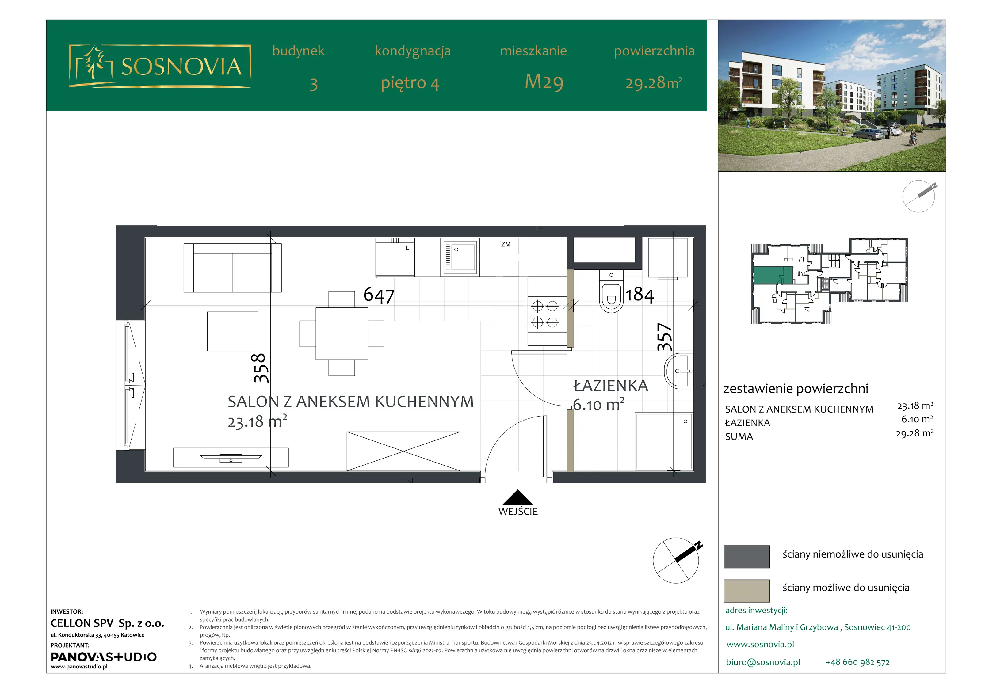 1 pokój, mieszkanie 29,28 m², piętro 4, oferta nr B3.M29, Sosnovia, Sosnowiec, Dańdówka, ul. Mariana Maliny/Grzybowa