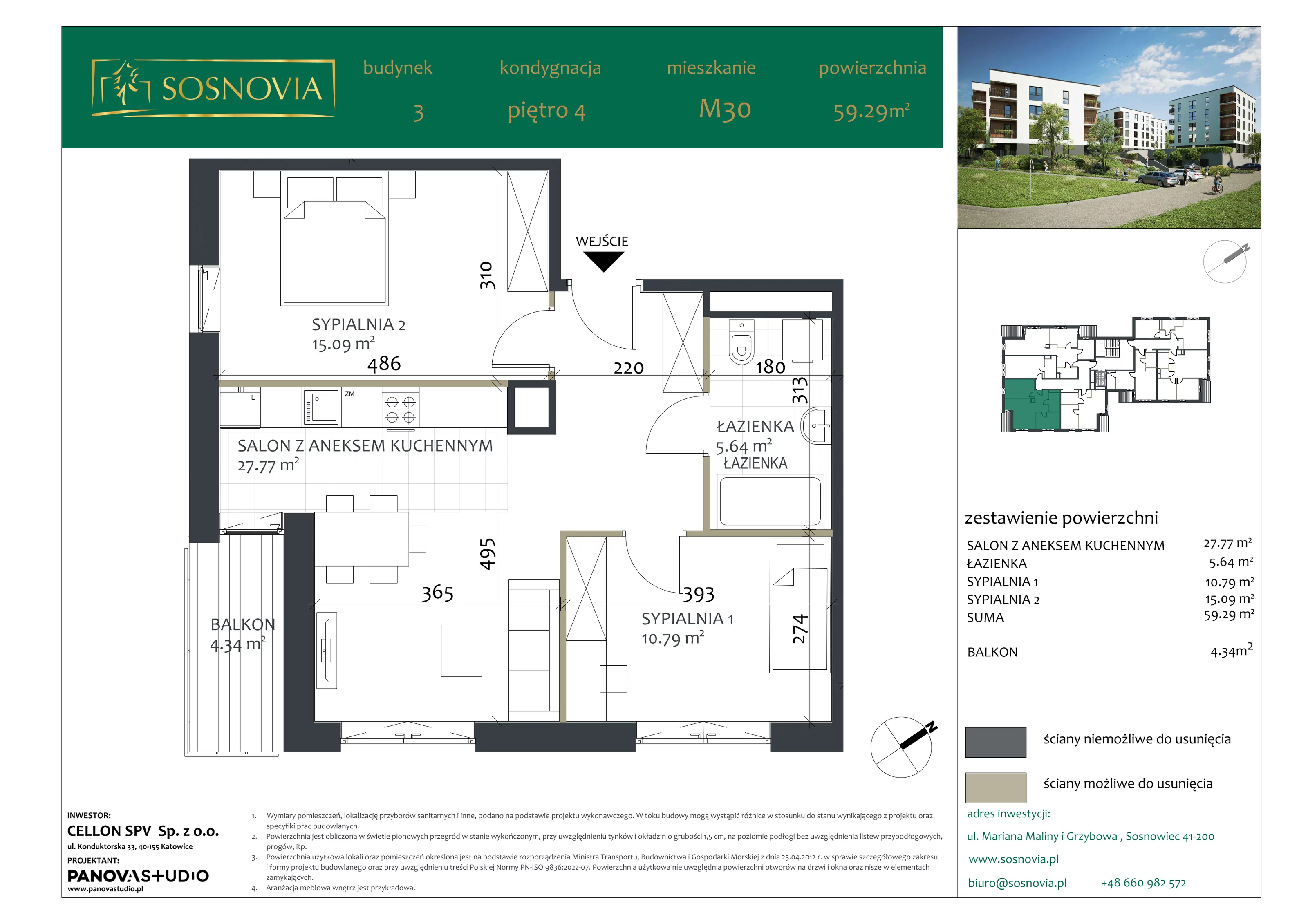 3 pokoje, mieszkanie 59,29 m², piętro 4, oferta nr B3.M30, Sosnovia, Sosnowiec, Dańdówka, ul. Mariana Maliny/Grzybowa