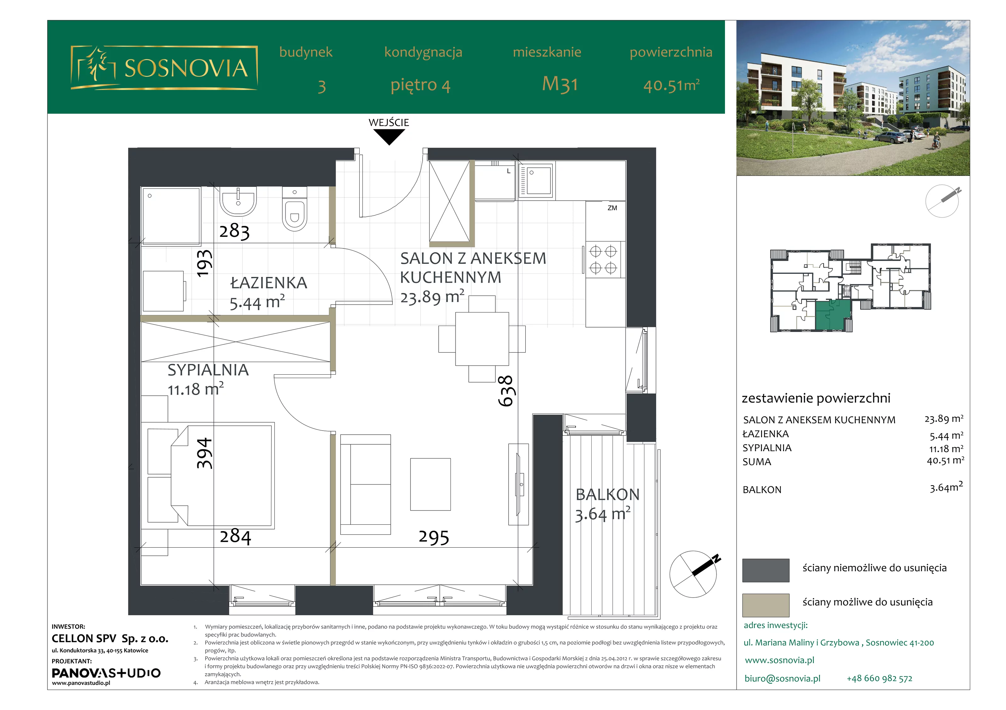2 pokoje, mieszkanie 40,51 m², piętro 4, oferta nr B3.M31, Sosnovia, Sosnowiec, Dańdówka, ul. Mariana Maliny/Grzybowa