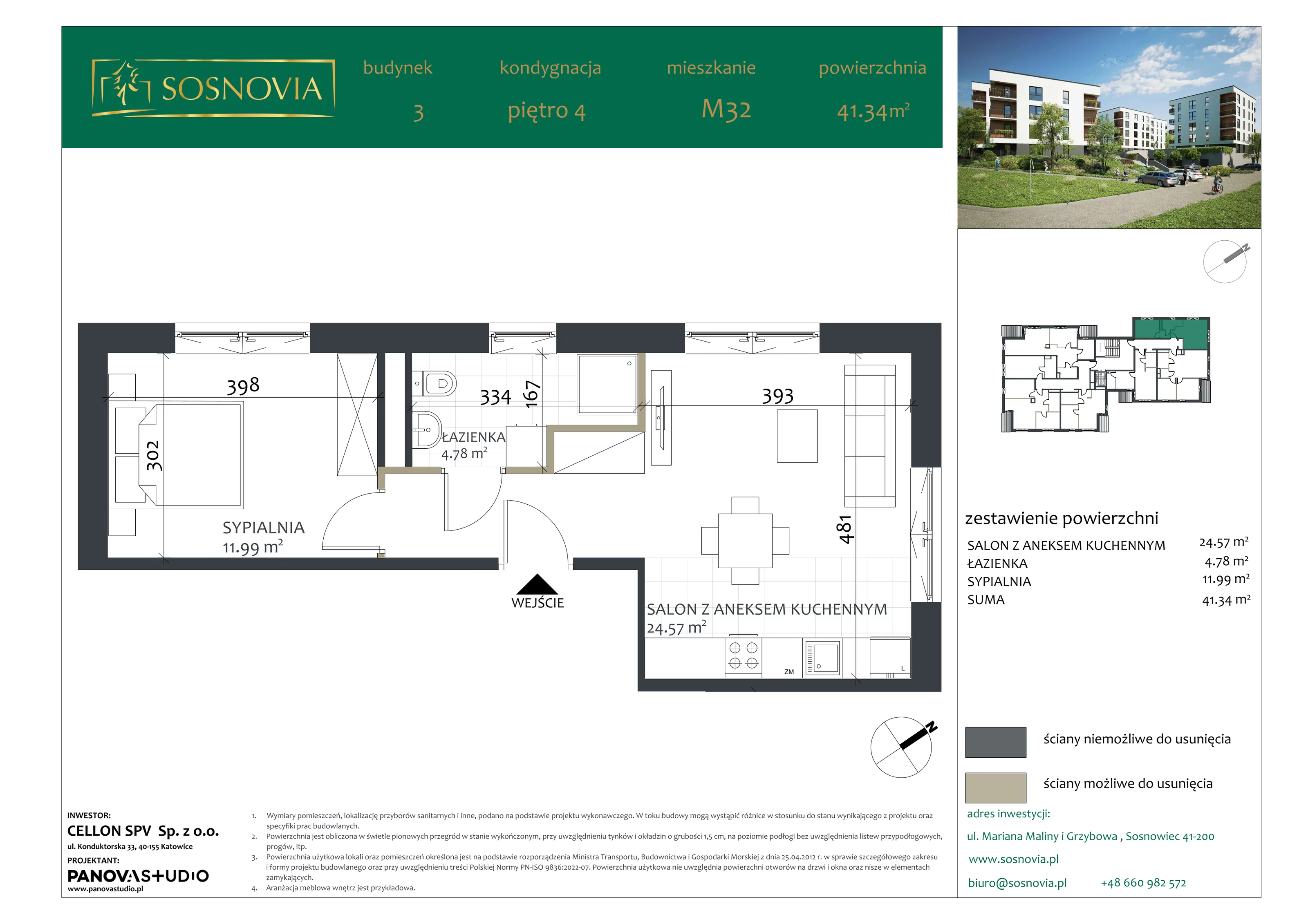 2 pokoje, mieszkanie 41,34 m², piętro 4, oferta nr B3.M32, Sosnovia, Sosnowiec, Dańdówka, ul. Mariana Maliny/Grzybowa