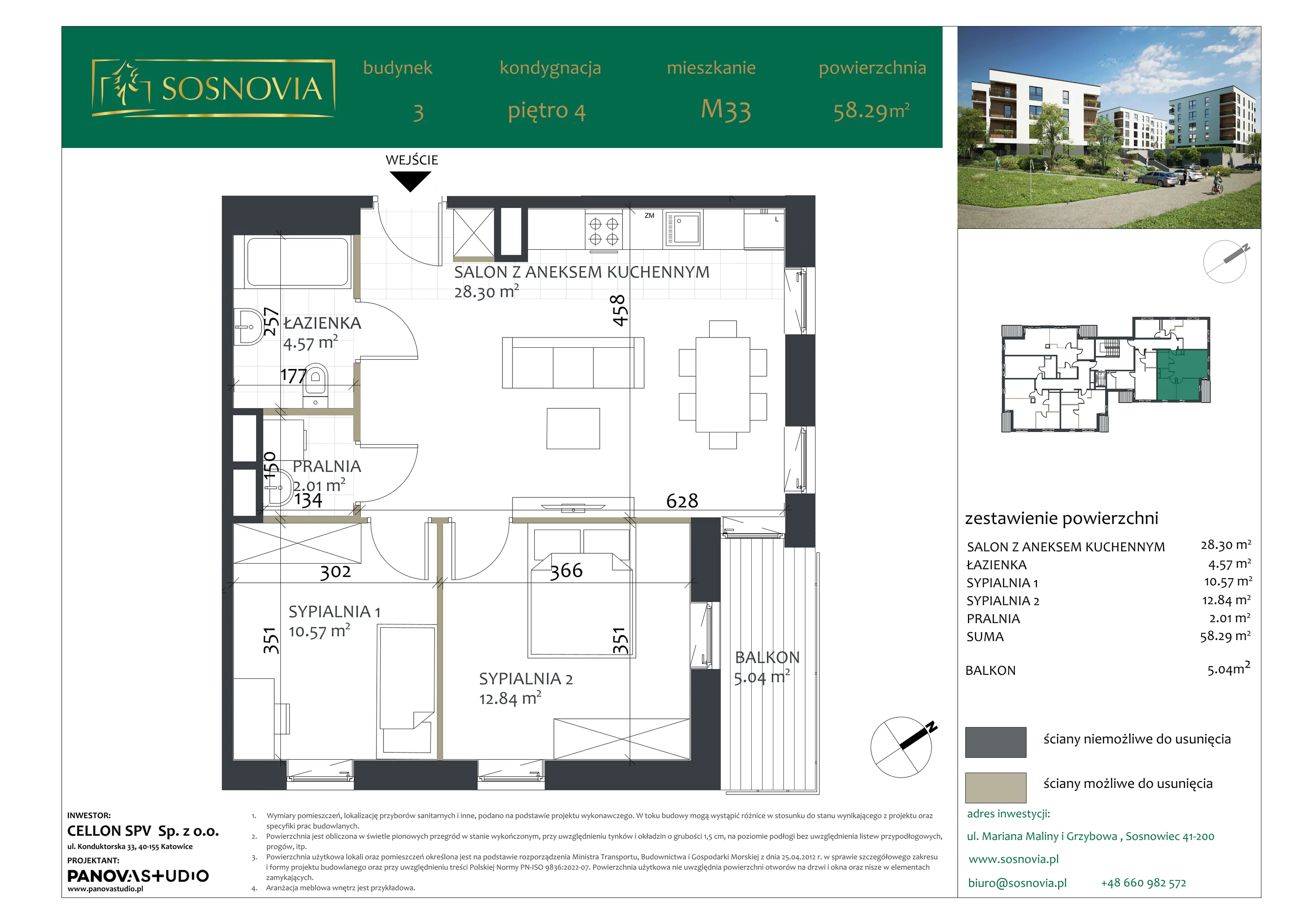 3 pokoje, mieszkanie 58,29 m², piętro 4, oferta nr B3.M33, Sosnovia, Sosnowiec, Dańdówka, ul. Mariana Maliny/Grzybowa