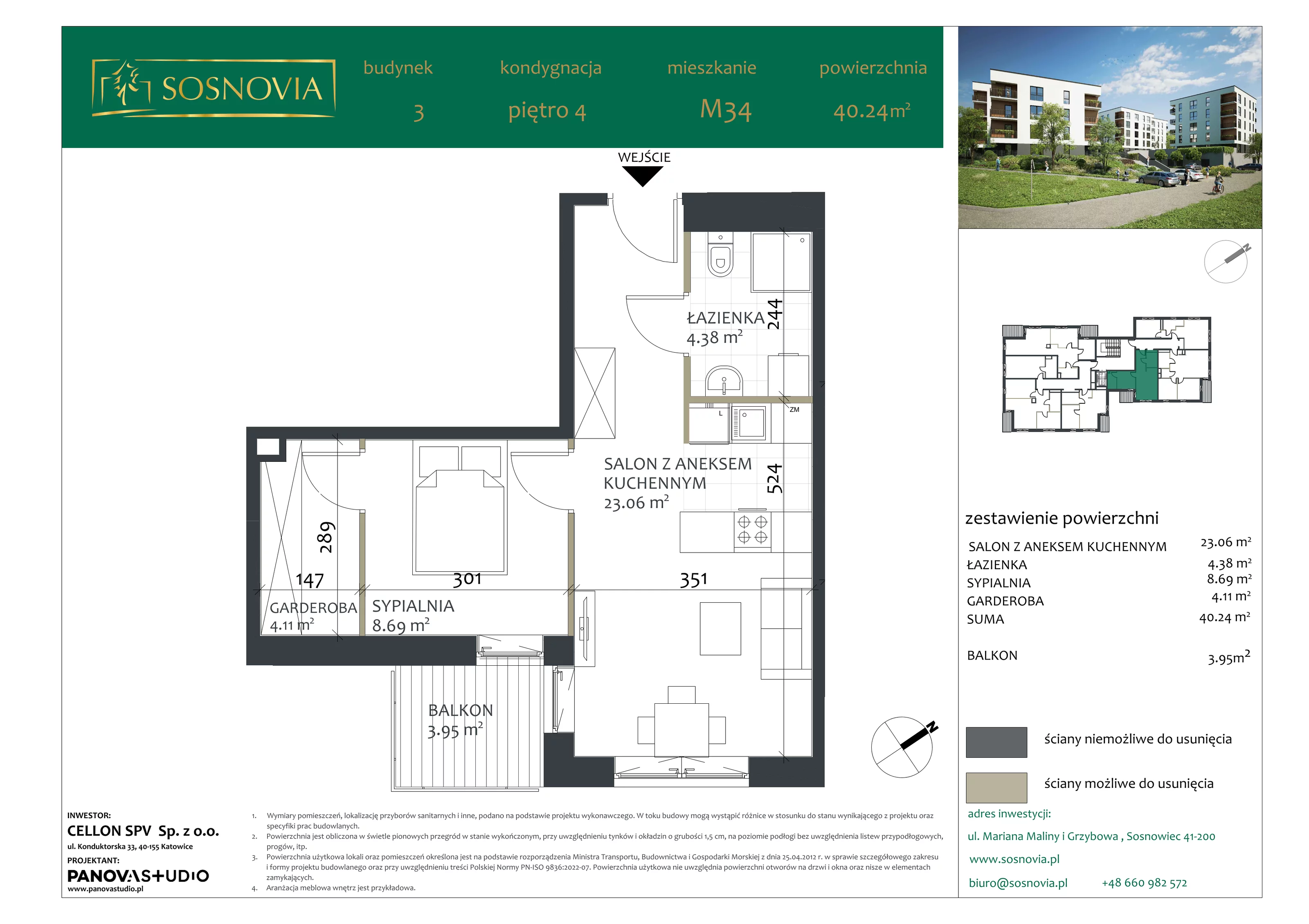 2 pokoje, mieszkanie 40,24 m², piętro 4, oferta nr B3.M34, Sosnovia, Sosnowiec, Dańdówka, ul. Mariana Maliny/Grzybowa