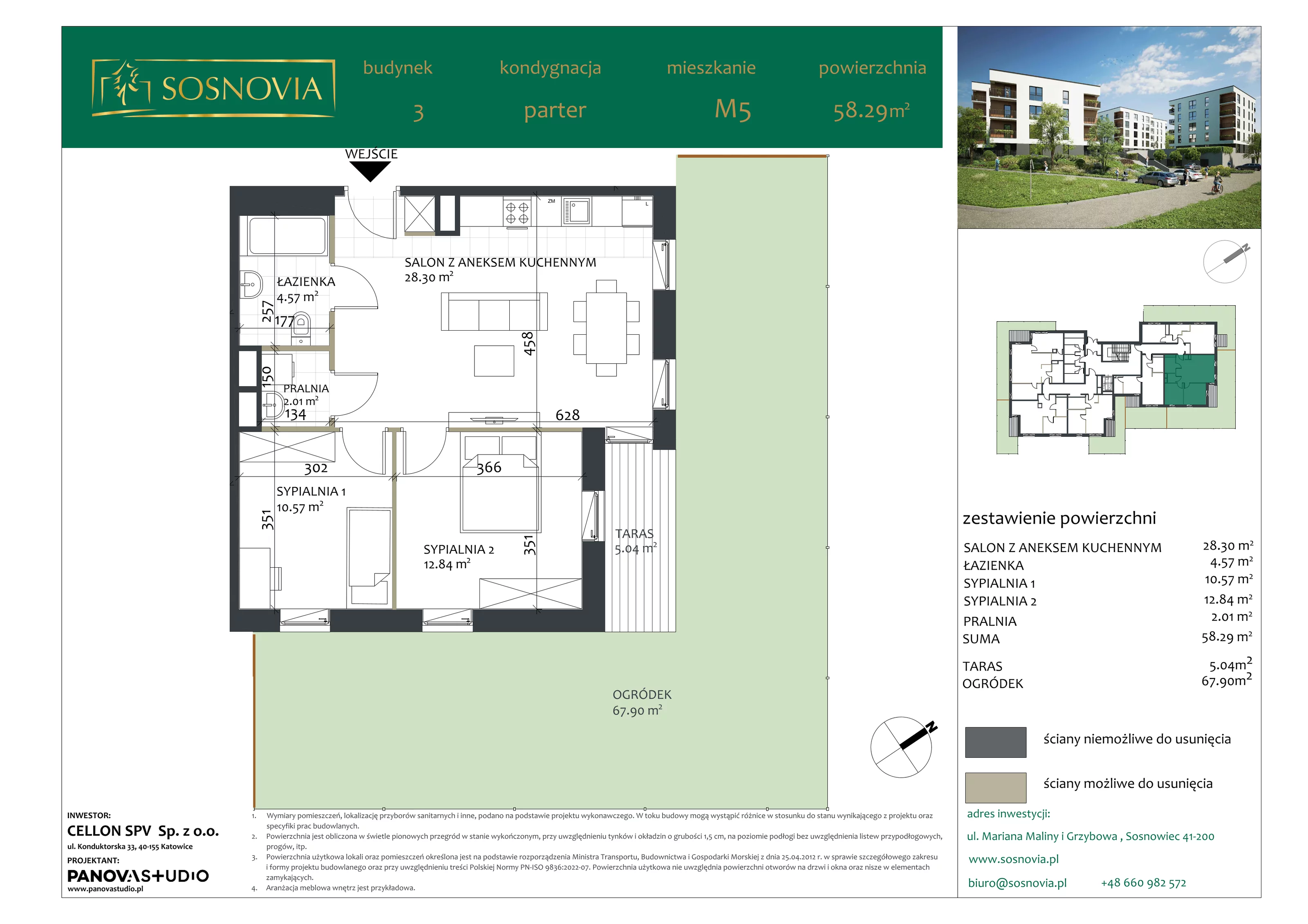 3 pokoje, mieszkanie 58,29 m², parter, oferta nr B3.M5, Sosnovia, Sosnowiec, Dańdówka, ul. Mariana Maliny/Grzybowa