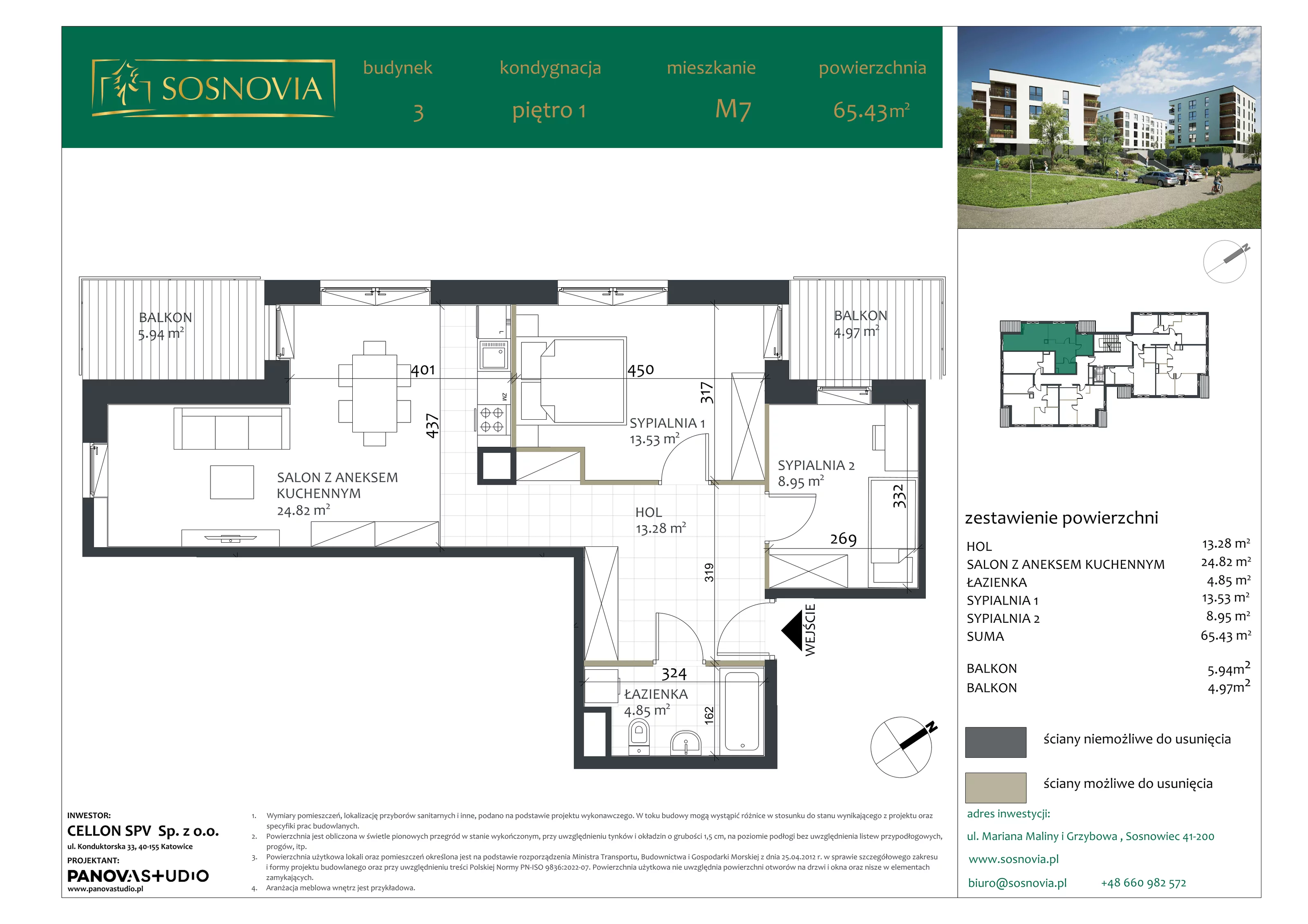 3 pokoje, mieszkanie 65,43 m², piętro 1, oferta nr B3.M7, Sosnovia, Sosnowiec, Dańdówka, ul. Mariana Maliny/Grzybowa