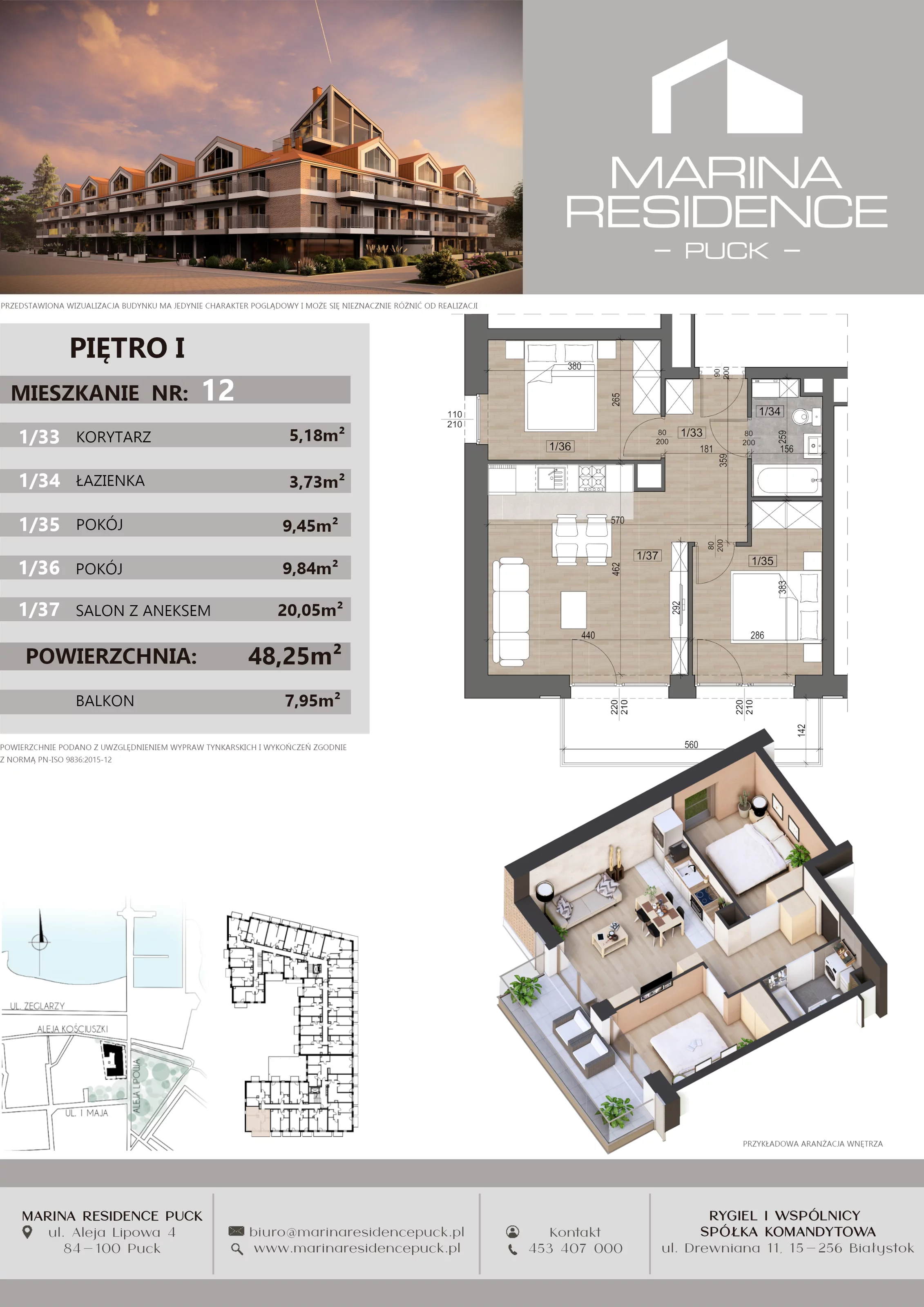 3 pokoje, apartament 48,25 m², piętro 1, oferta nr 12, Marina Residence Puck, Puck, ul. Aleja Lipowa 4