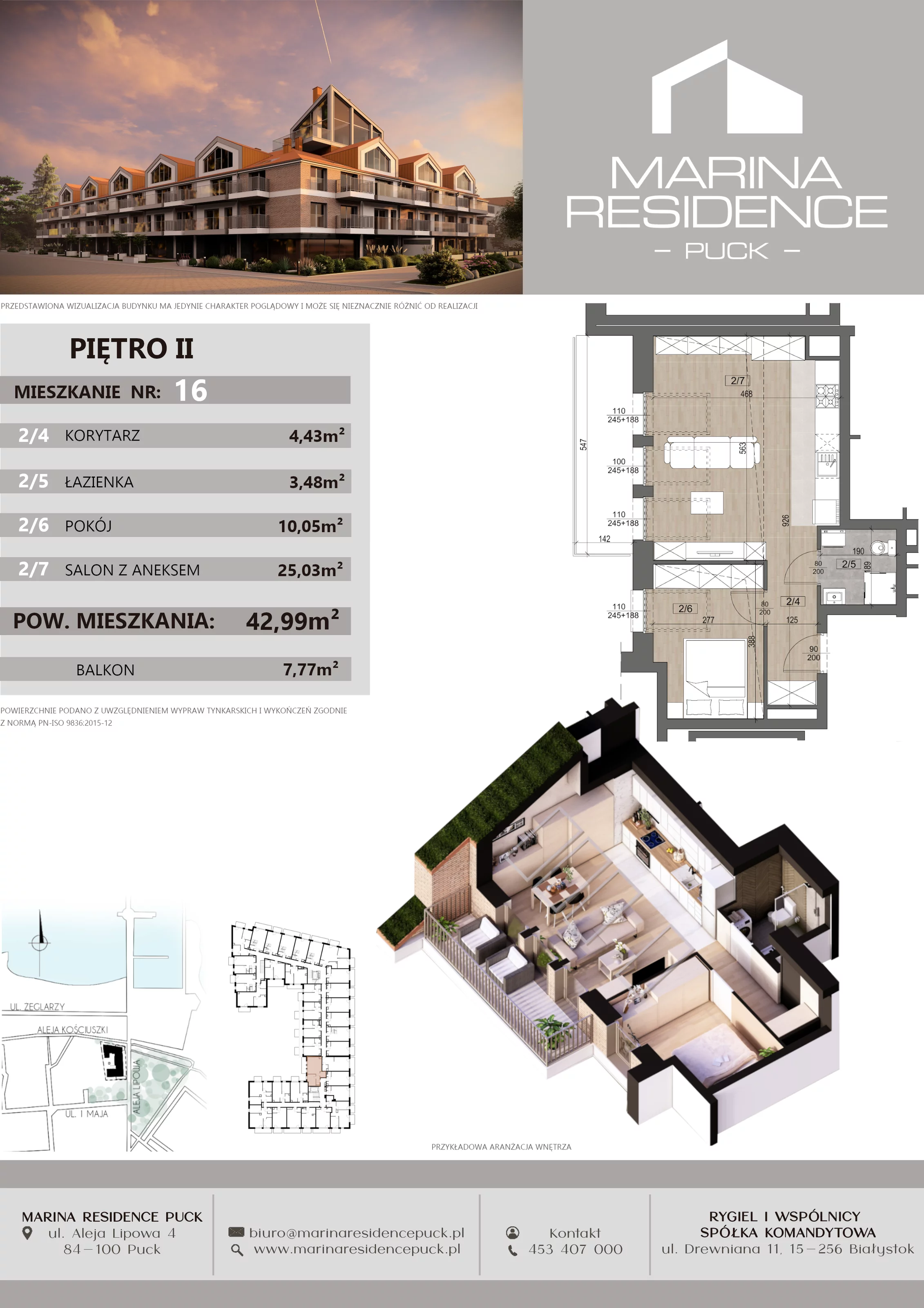 2 pokoje, apartament 42,99 m², piętro 2, oferta nr 16, Marina Residence Puck, Puck, ul. Aleja Lipowa 4