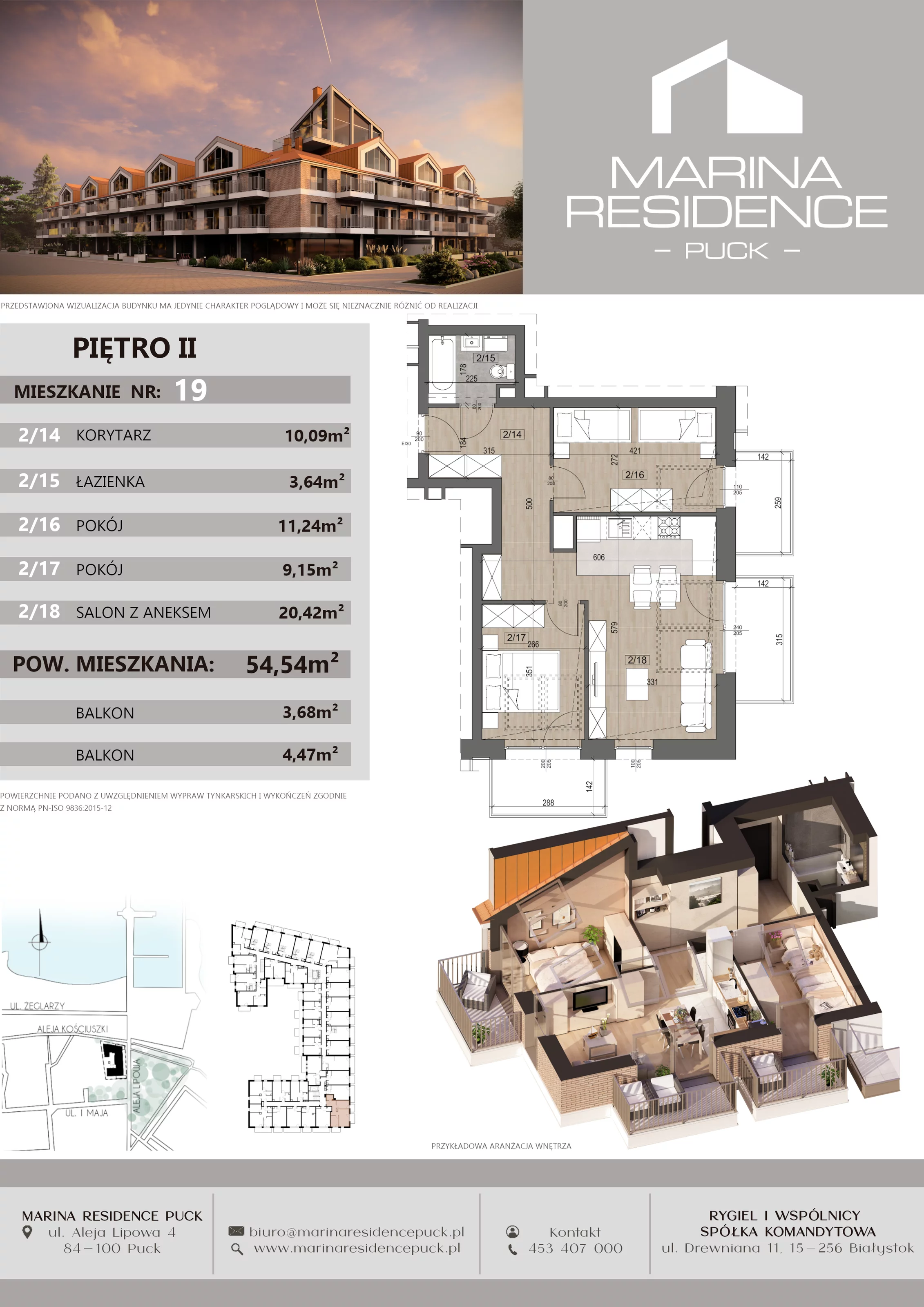 3 pokoje, apartament 54,54 m², piętro 2, oferta nr 19, Marina Residence Puck, Puck, ul. Aleja Lipowa 4